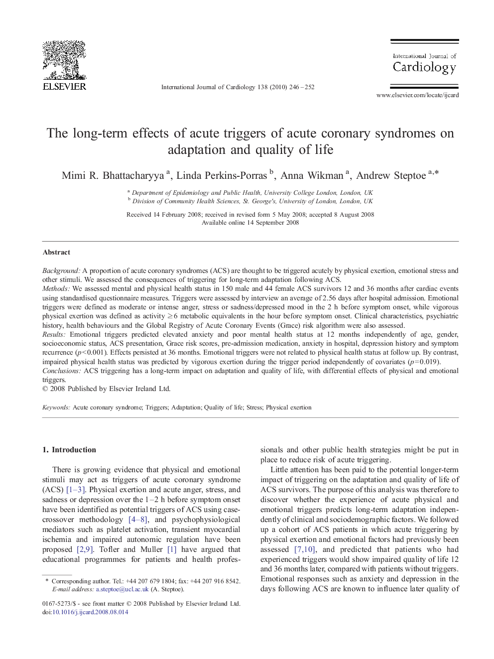 The long-term effects of acute triggers of acute coronary syndromes on adaptation and quality of life