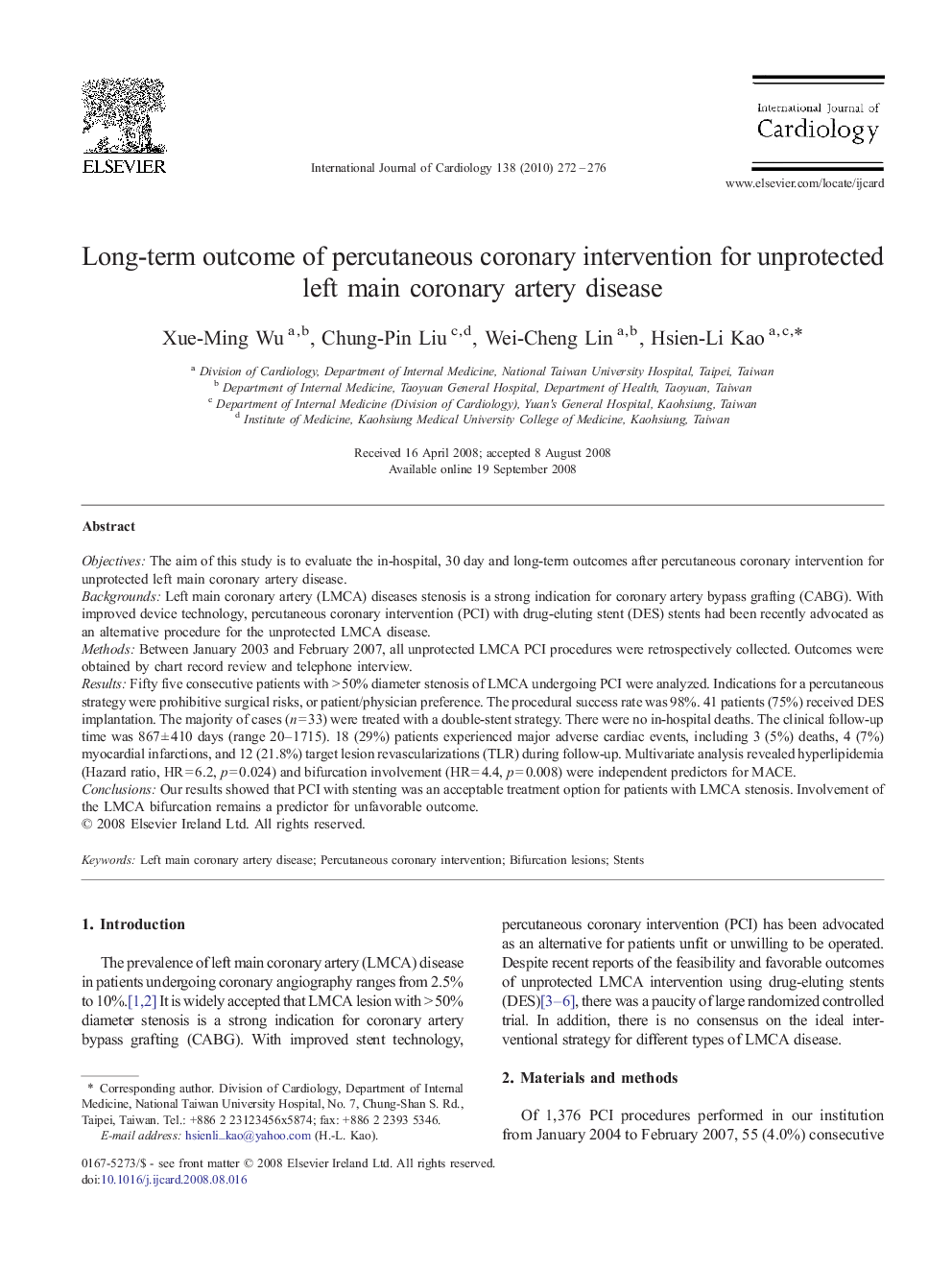 Long-term outcome of percutaneous coronary intervention for unprotected left main coronary artery disease