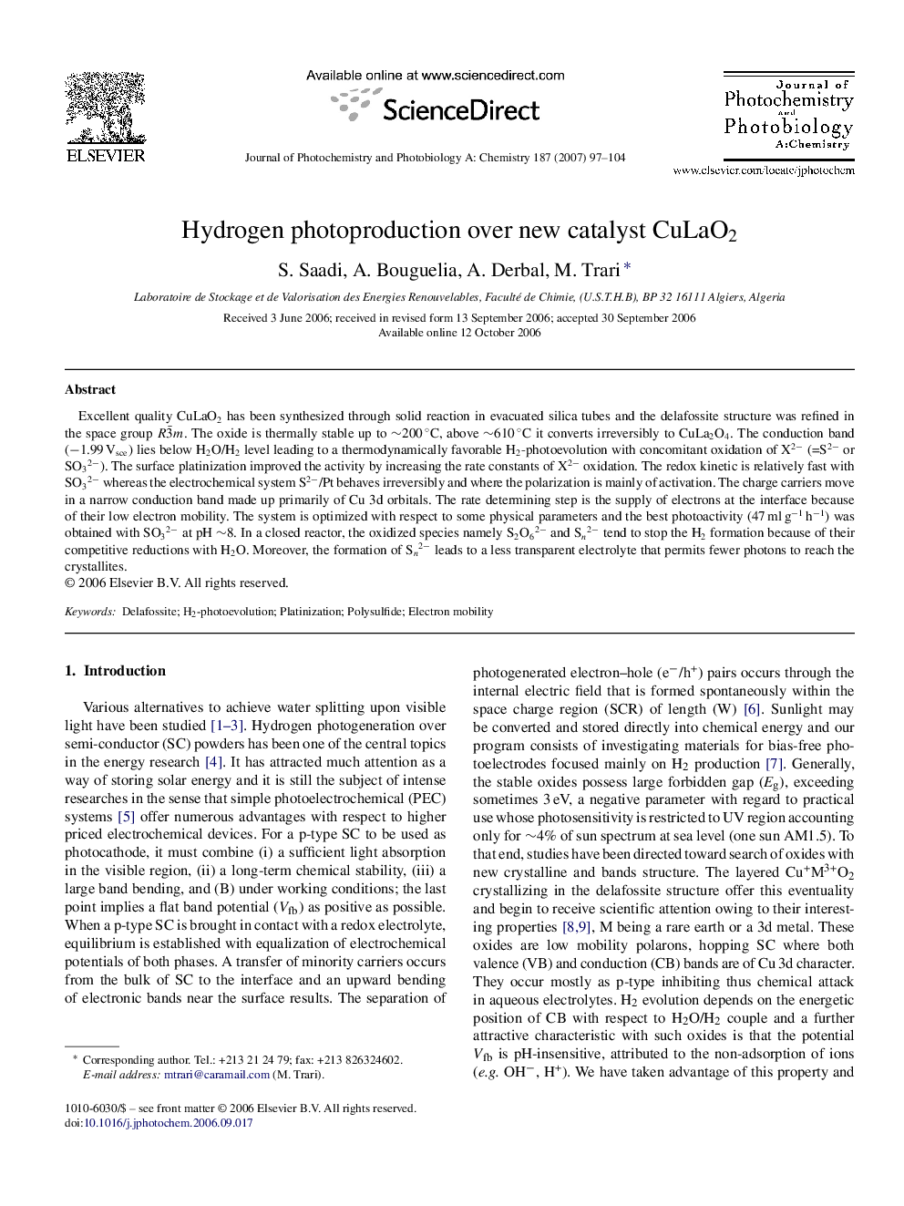 Hydrogen photoproduction over new catalyst CuLaO2