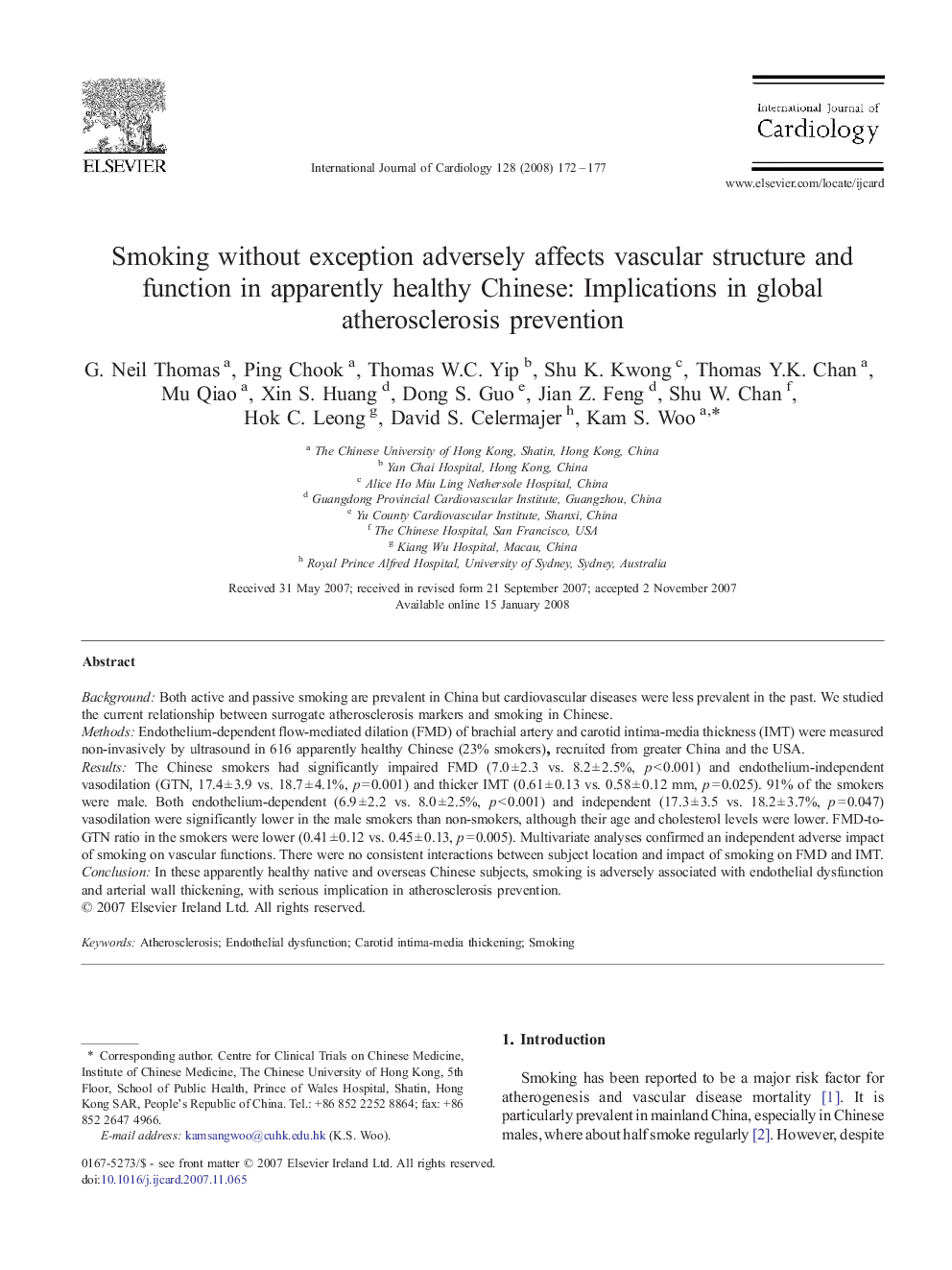 Smoking without exception adversely affects vascular structure and function in apparently healthy Chinese: Implications in global atherosclerosis prevention
