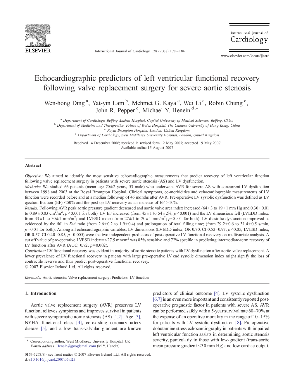 Echocardiographic predictors of left ventricular functional recovery following valve replacement surgery for severe aortic stenosis