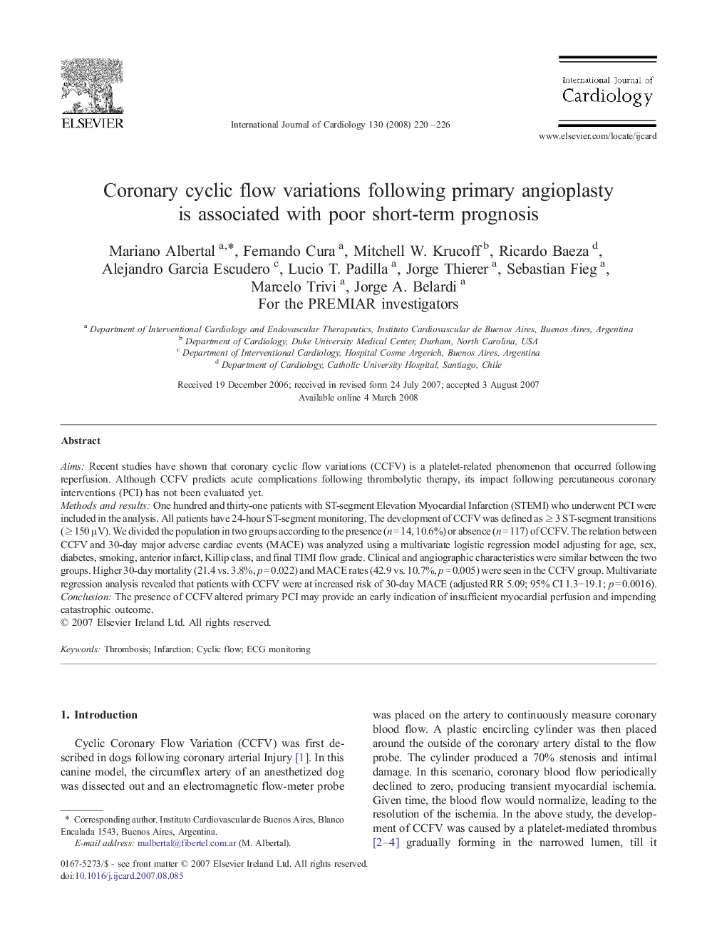 Coronary cyclic flow variations following primary angioplasty is associated with poor short-term prognosis