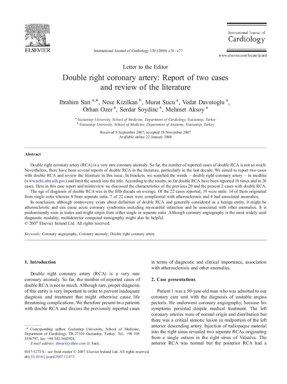 Double right coronary artery: Report of two cases and review of the literature