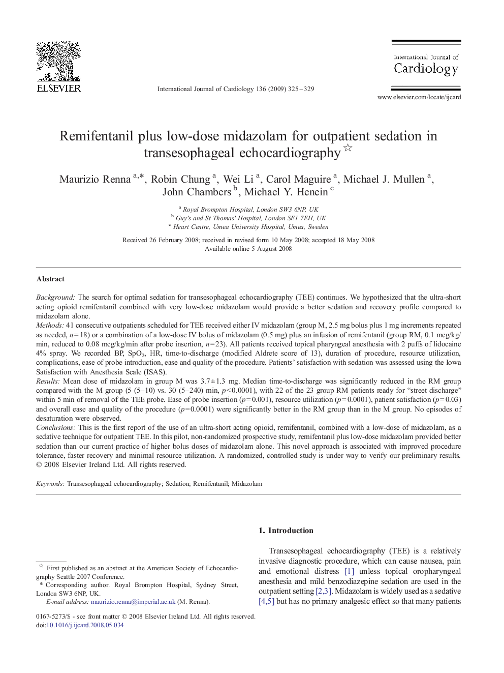 Remifentanil plus low-dose midazolam for outpatient sedation in transesophageal echocardiography 