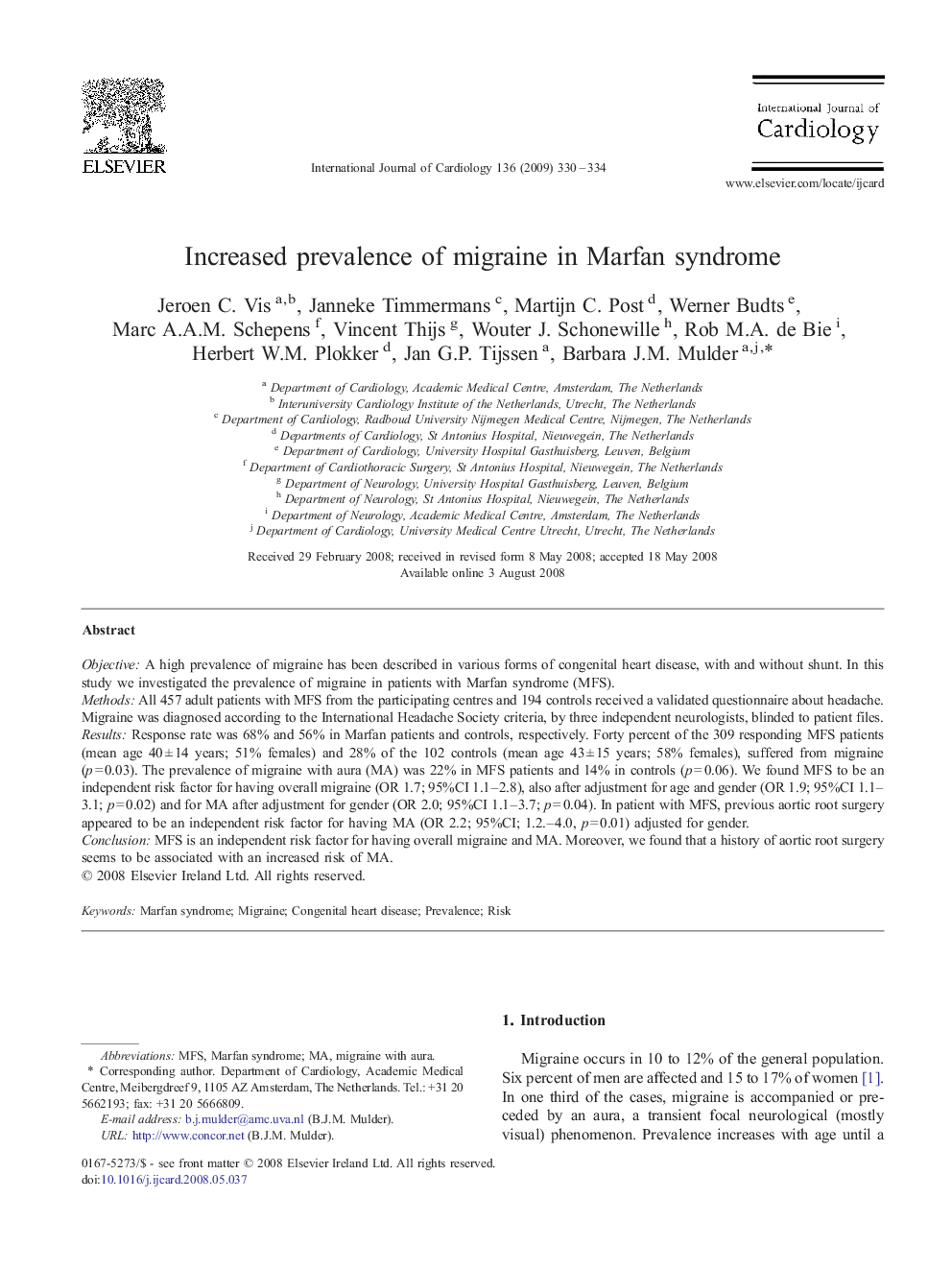 Increased prevalence of migraine in Marfan syndrome