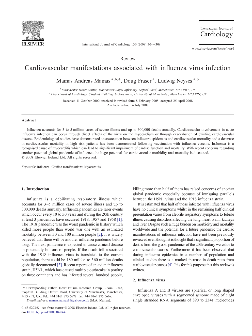 Cardiovascular manifestations associated with influenza virus infection