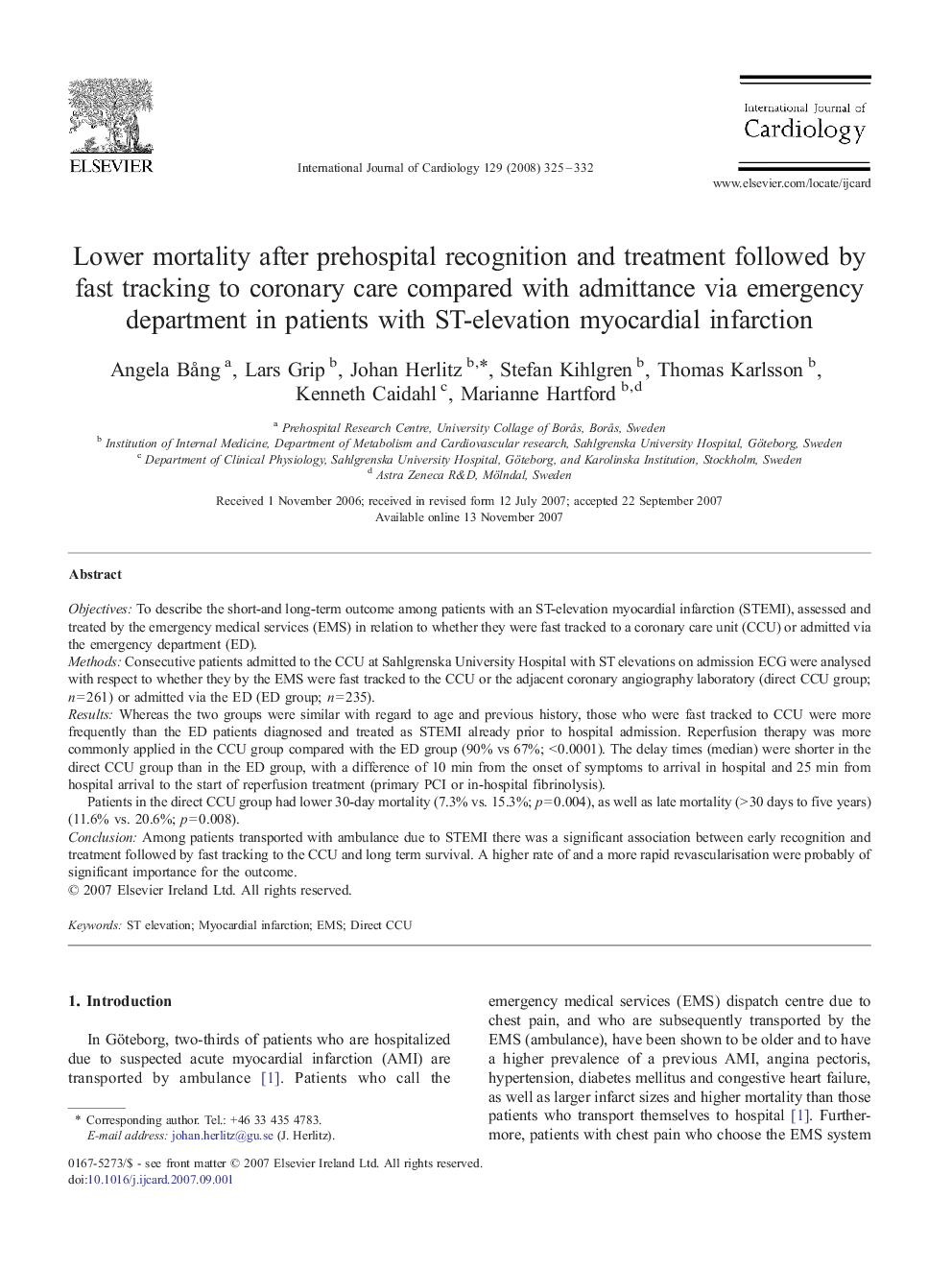 Lower mortality after prehospital recognition and treatment followed by fast tracking to coronary care compared with admittance via emergency department in patients with ST-elevation myocardial infarction