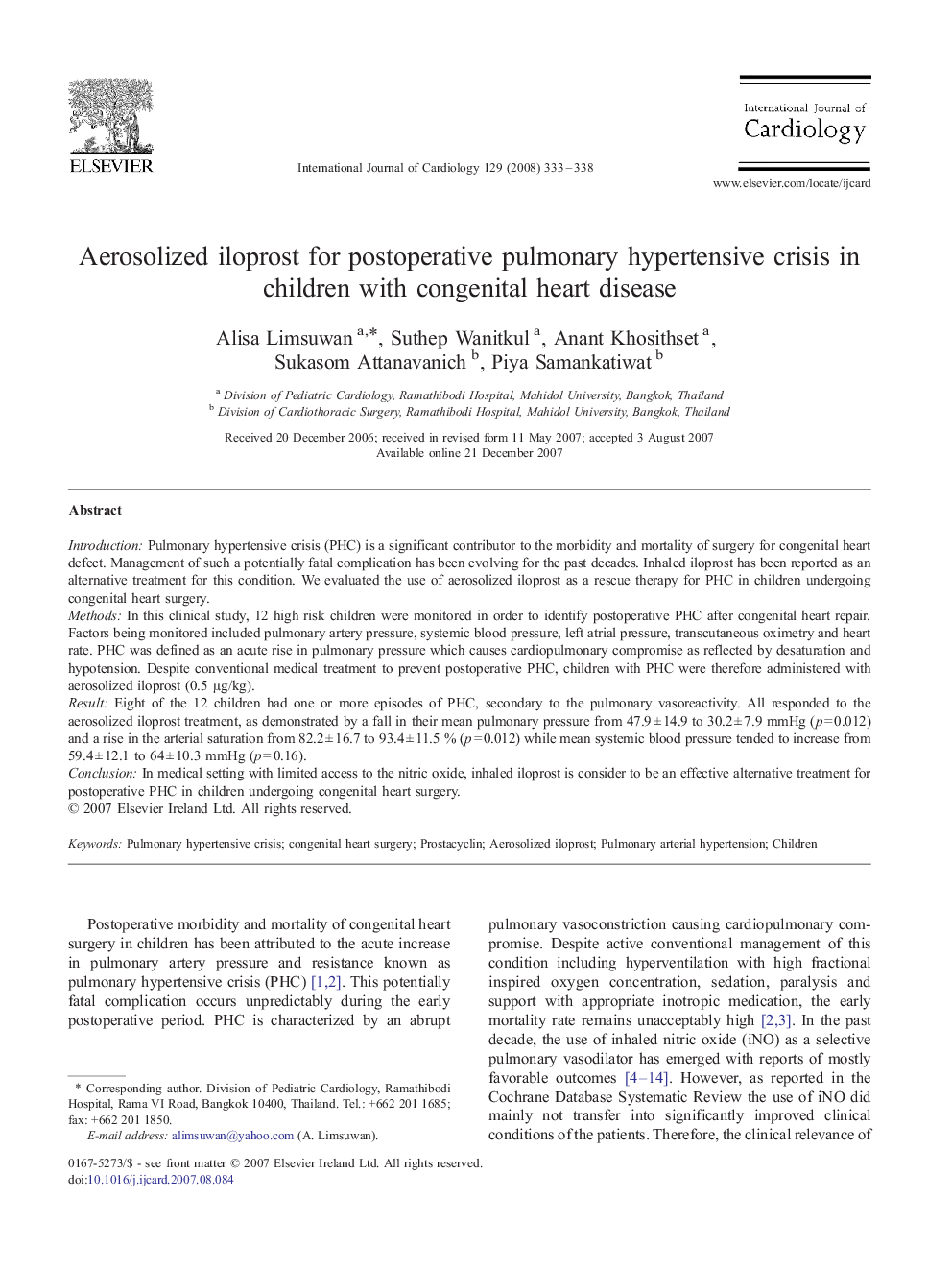 Aerosolized iloprost for postoperative pulmonary hypertensive crisis in children with congenital heart disease