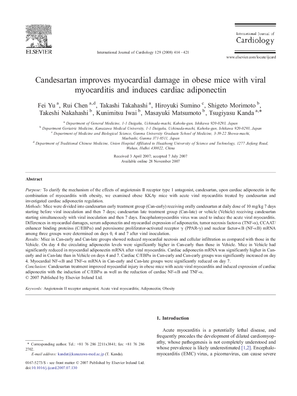 Candesartan improves myocardial damage in obese mice with viral myocarditis and induces cardiac adiponectin