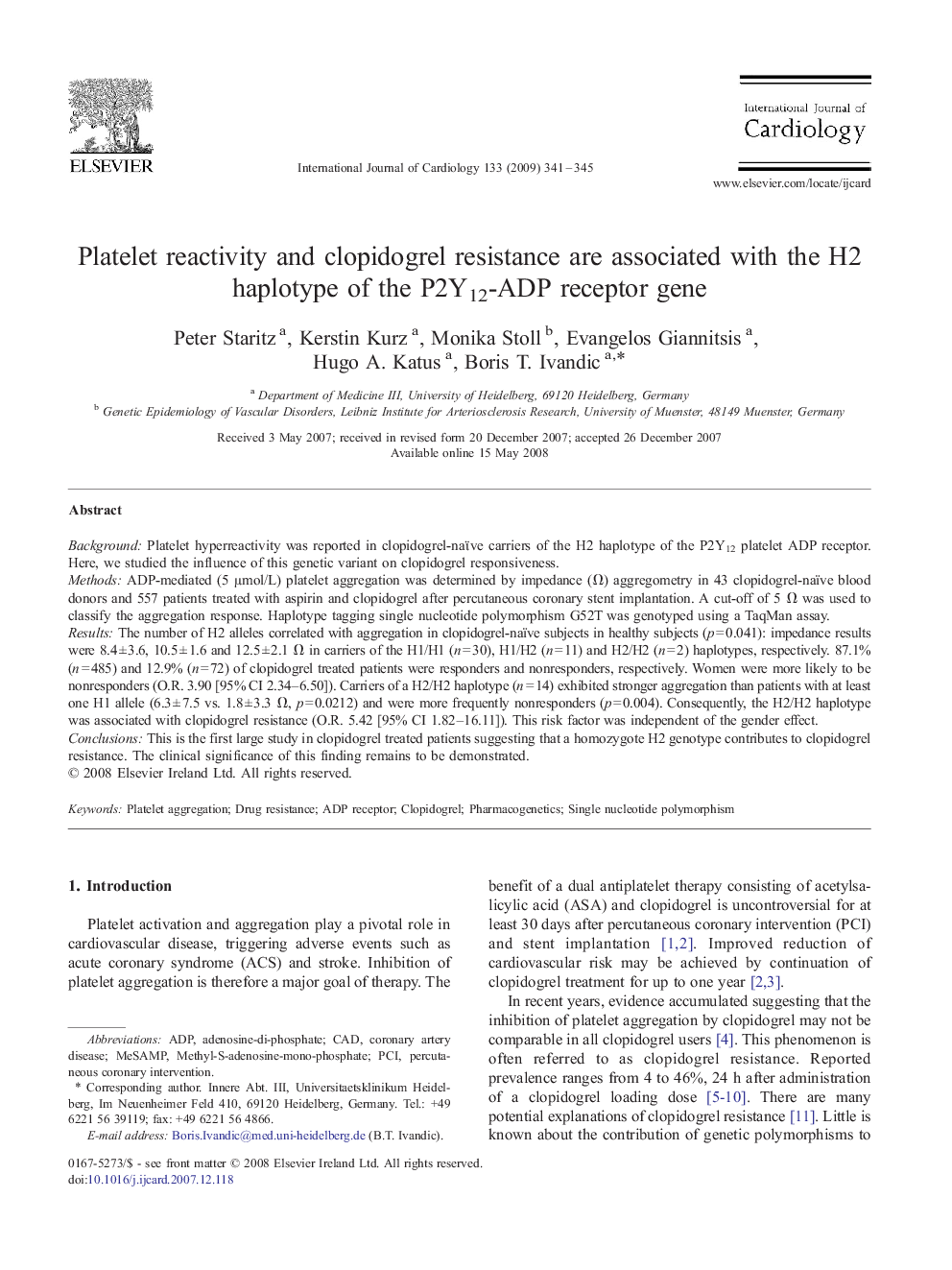 Platelet reactivity and clopidogrel resistance are associated with the H2 haplotype of the P2Y12-ADP receptor gene