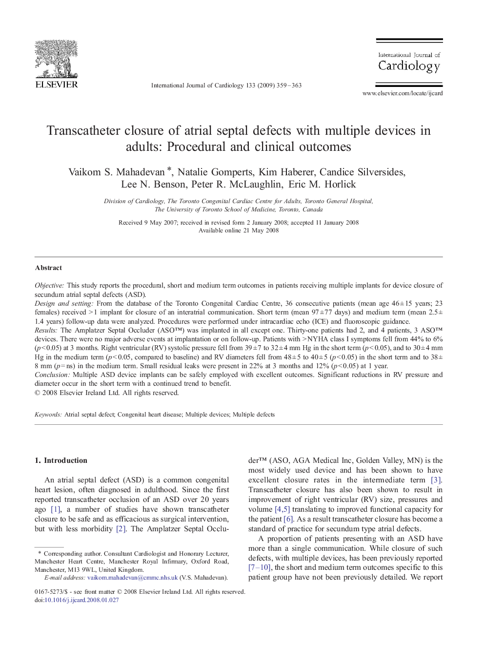 Transcatheter closure of atrial septal defects with multiple devices in adults: Procedural and clinical outcomes