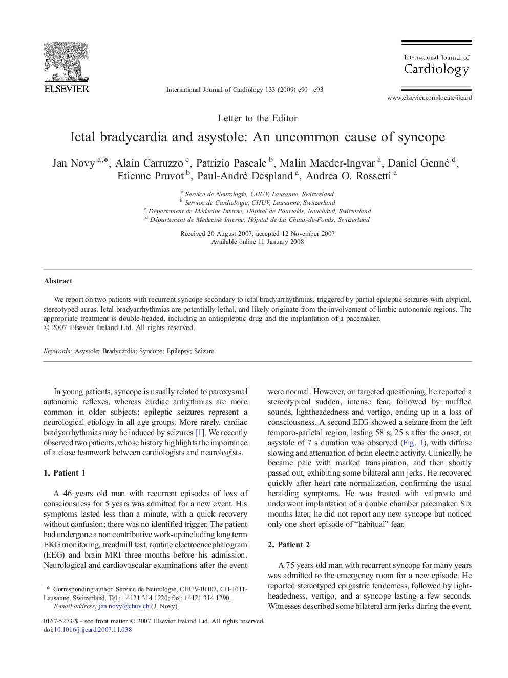 Ictal bradycardia and asystole: An uncommon cause of syncope