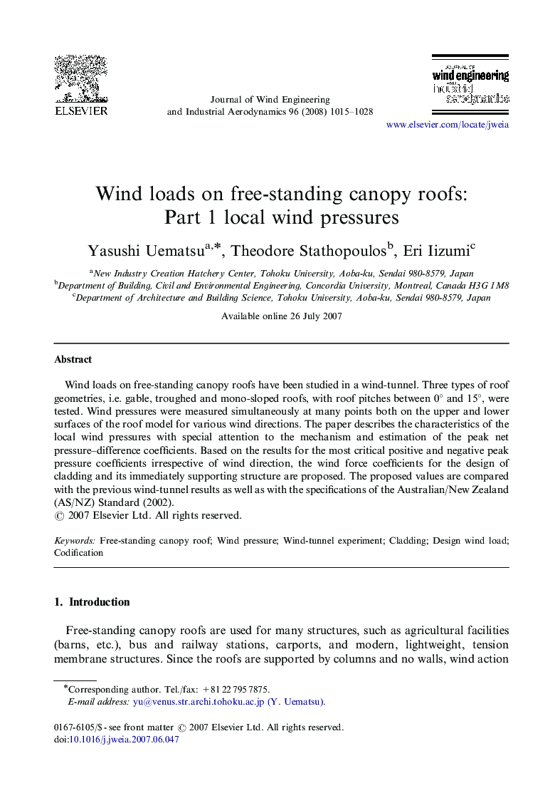 Wind loads on free-standing canopy roofs: Part 1 local wind pressures