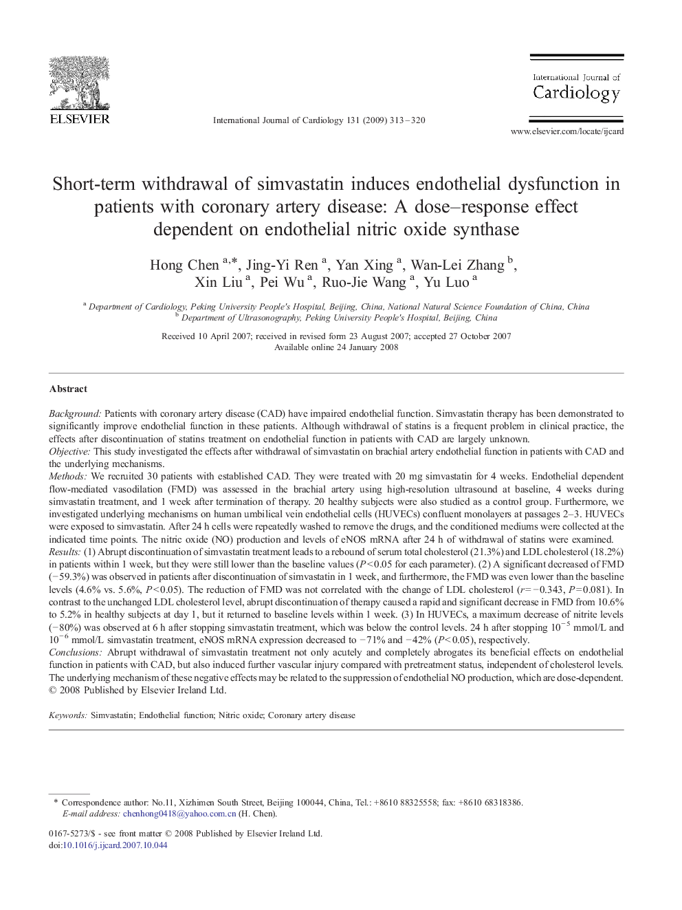 Short-term withdrawal of simvastatin induces endothelial dysfunction in patients with coronary artery disease: A dose–response effect dependent on endothelial nitric oxide synthase