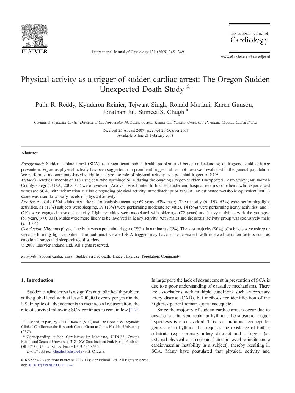 Physical activity as a trigger of sudden cardiac arrest: The Oregon Sudden Unexpected Death Study 