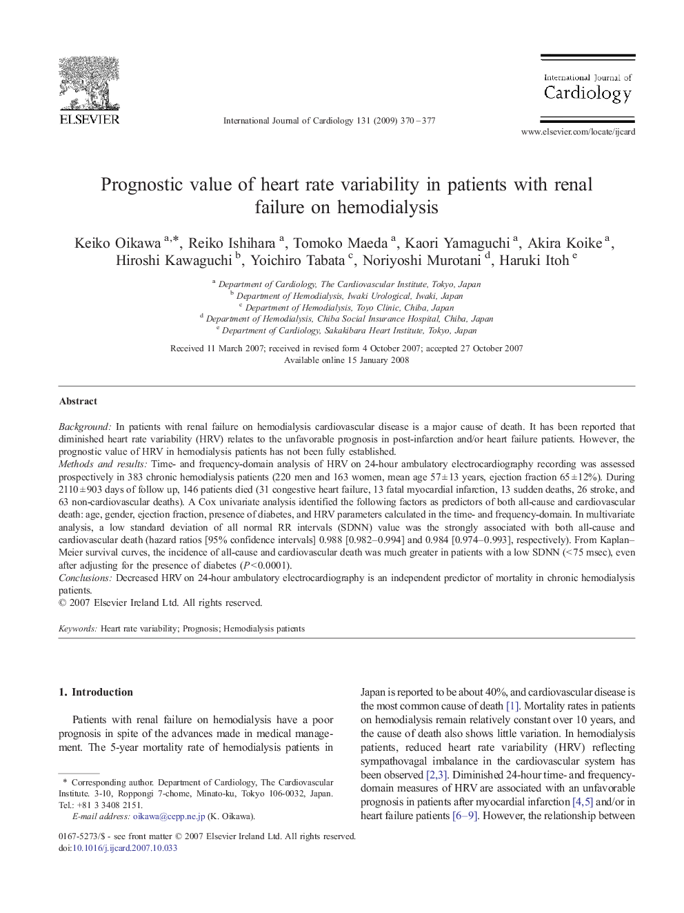 Prognostic value of heart rate variability in patients with renal failure on hemodialysis