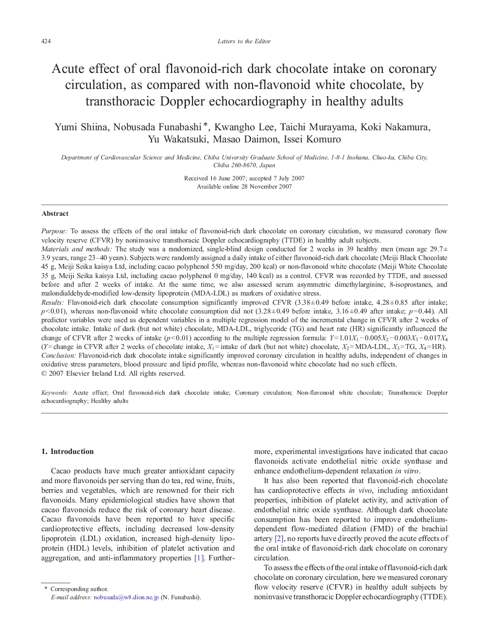 Acute effect of oral flavonoid-rich dark chocolate intake on coronary circulation, as compared with non-flavonoid white chocolate, by transthoracic Doppler echocardiography in healthy adults