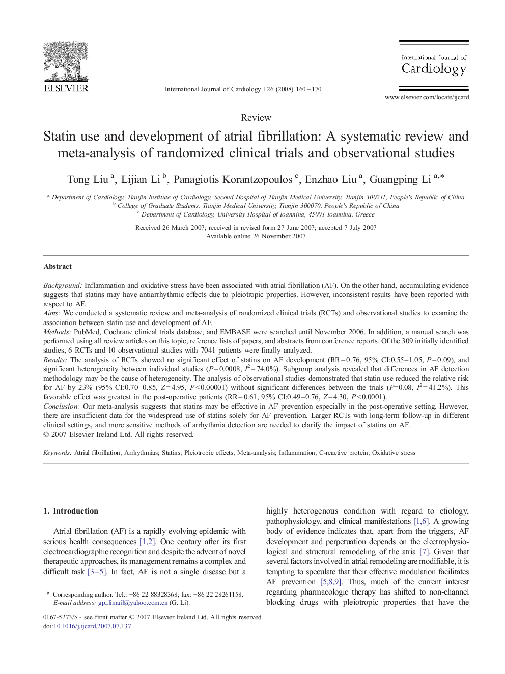 Statin use and development of atrial fibrillation: A systematic review and meta-analysis of randomized clinical trials and observational studies