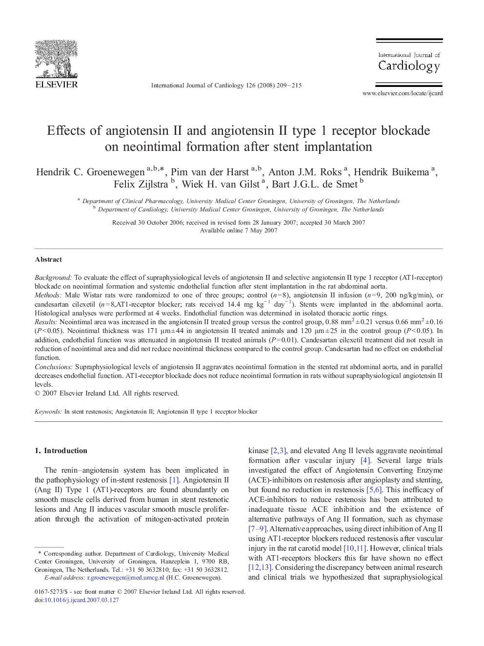 Effects of angiotensin II and angiotensin II type 1 receptor blockade on neointimal formation after stent implantation