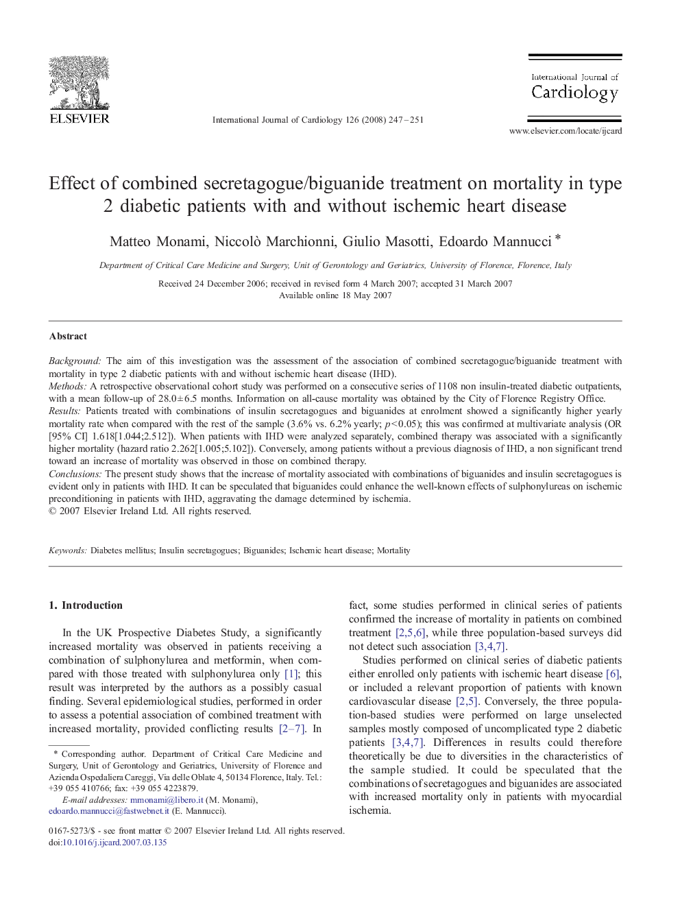 Effect of combined secretagogue/biguanide treatment on mortality in type 2 diabetic patients with and without ischemic heart disease