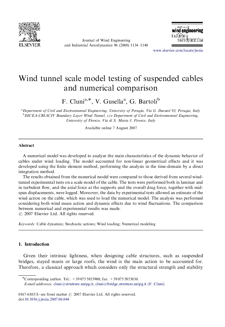 Wind tunnel scale model testing of suspended cables and numerical comparison