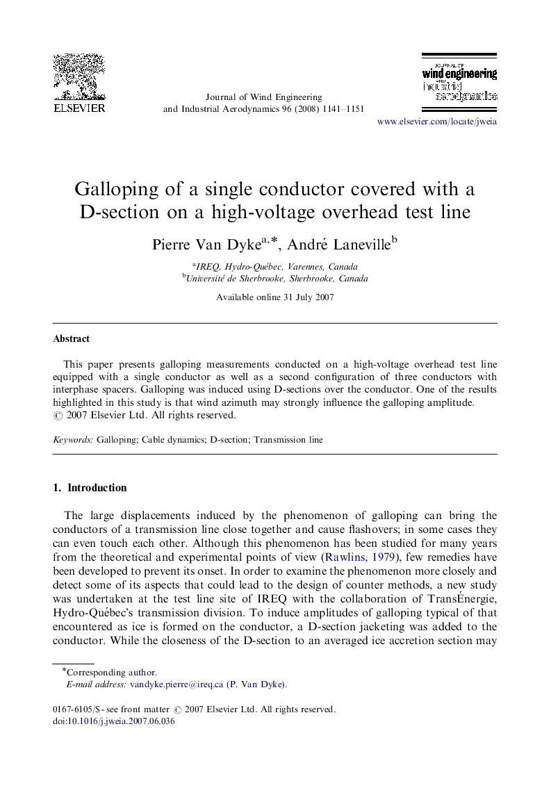 Galloping of a single conductor covered with a D-section on a high-voltage overhead test line