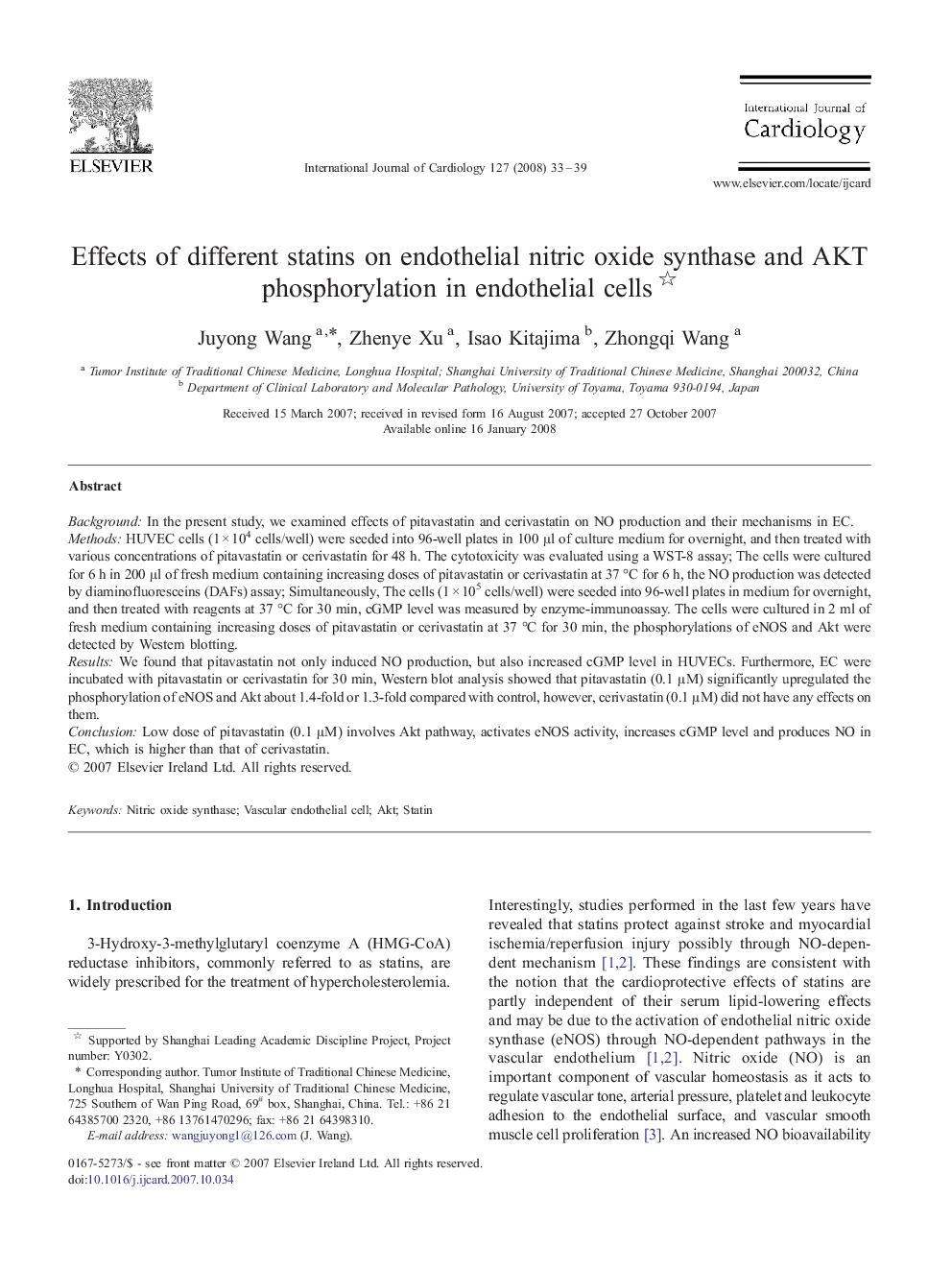 Effects of different statins on endothelial nitric oxide synthase and AKT phosphorylation in endothelial cells 