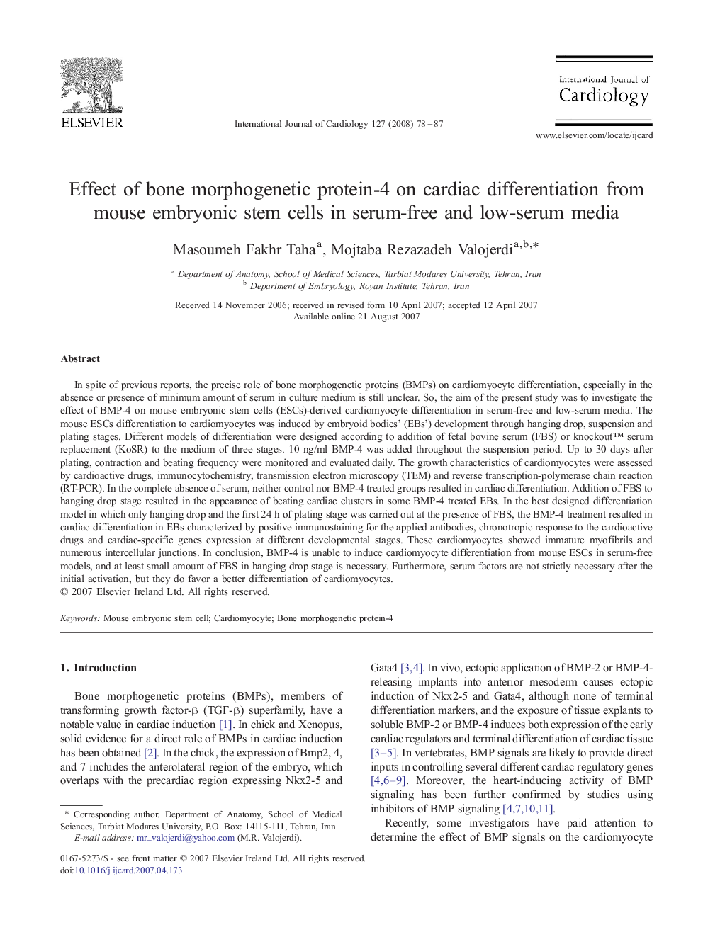 Effect of bone morphogenetic protein-4 on cardiac differentiation from mouse embryonic stem cells in serum-free and low-serum media