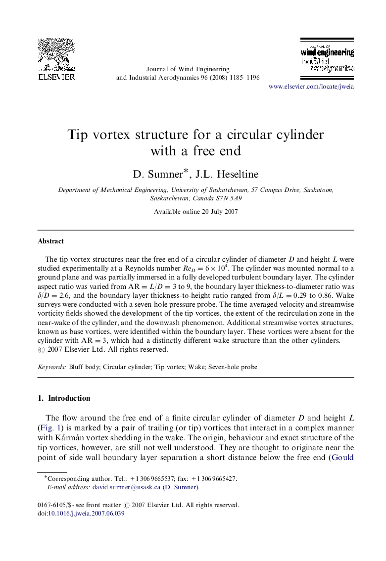 Tip vortex structure for a circular cylinder with a free end