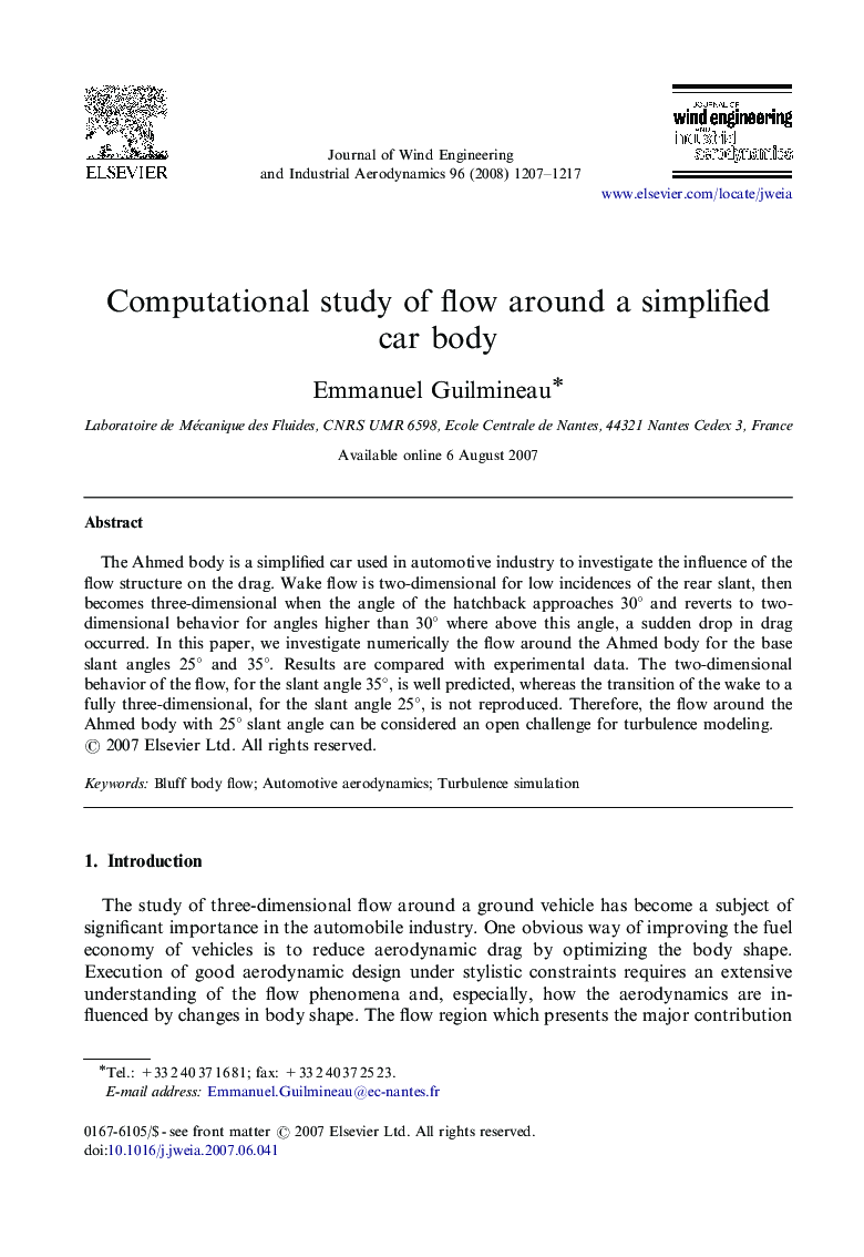 Computational study of flow around a simplified car body