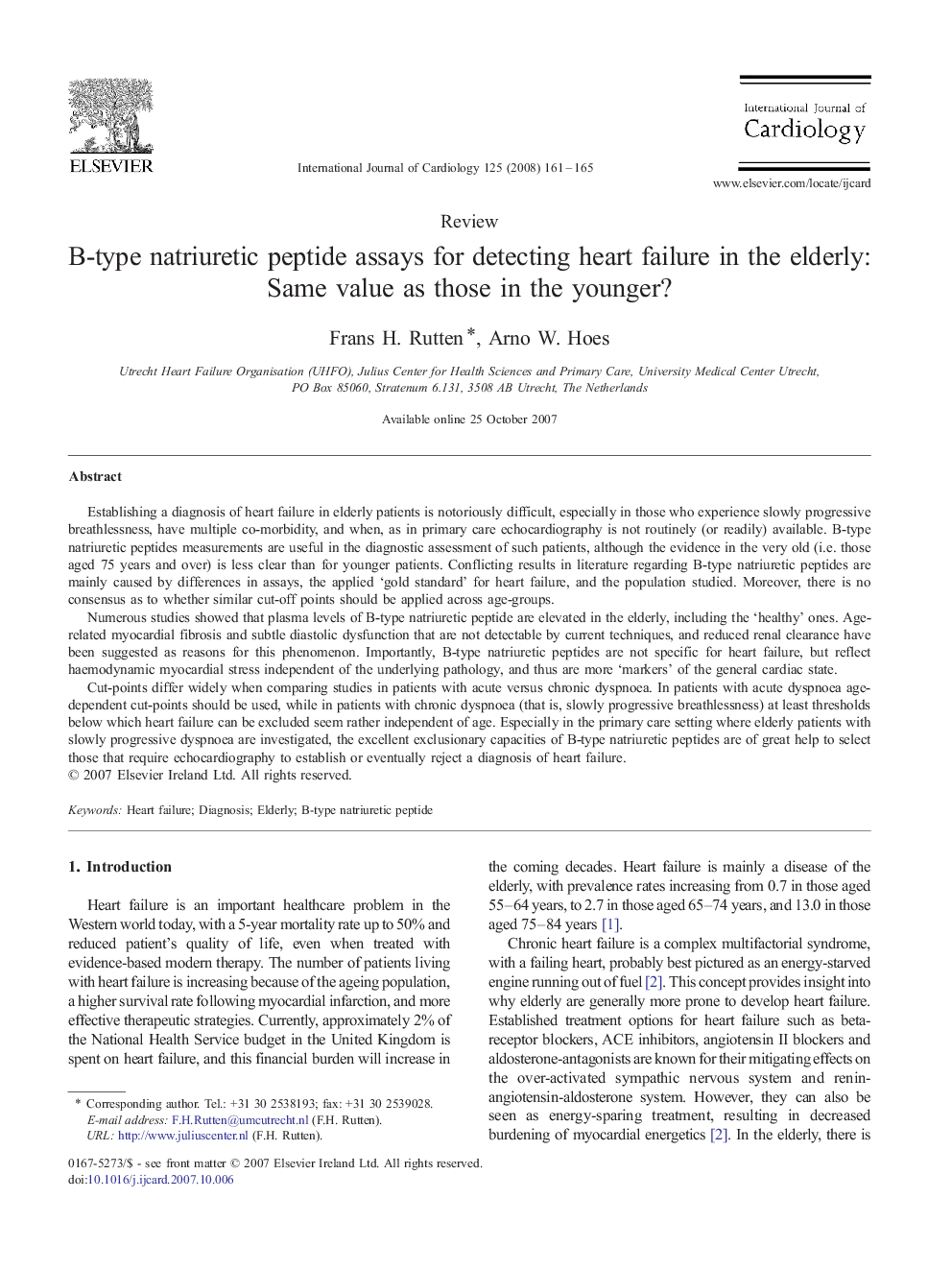 B-type natriuretic peptide assays for detecting heart failure in the elderly: Same value as those in the younger?