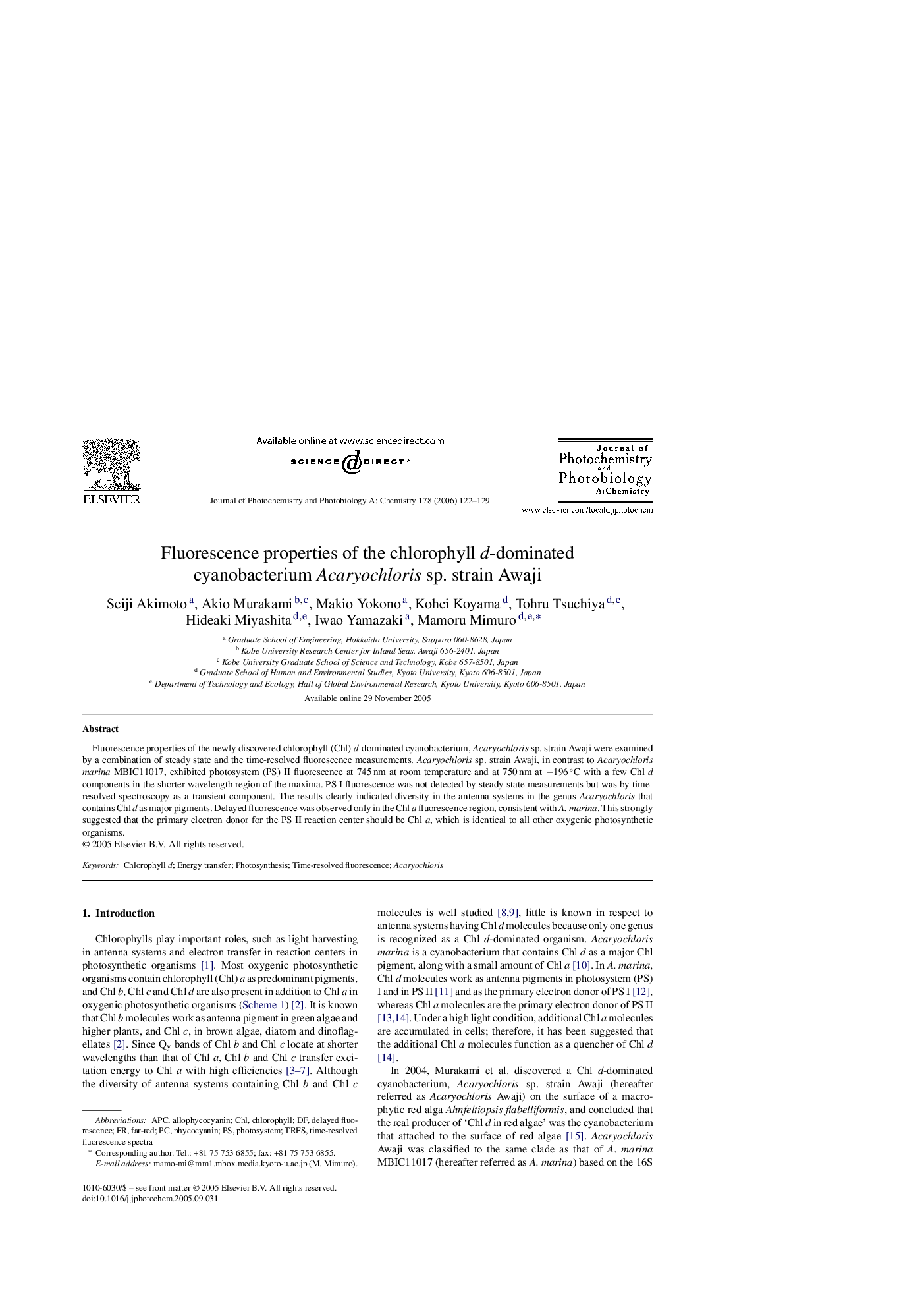 Fluorescence properties of the chlorophyll d-dominated cyanobacterium Acaryochloris sp. strain Awaji