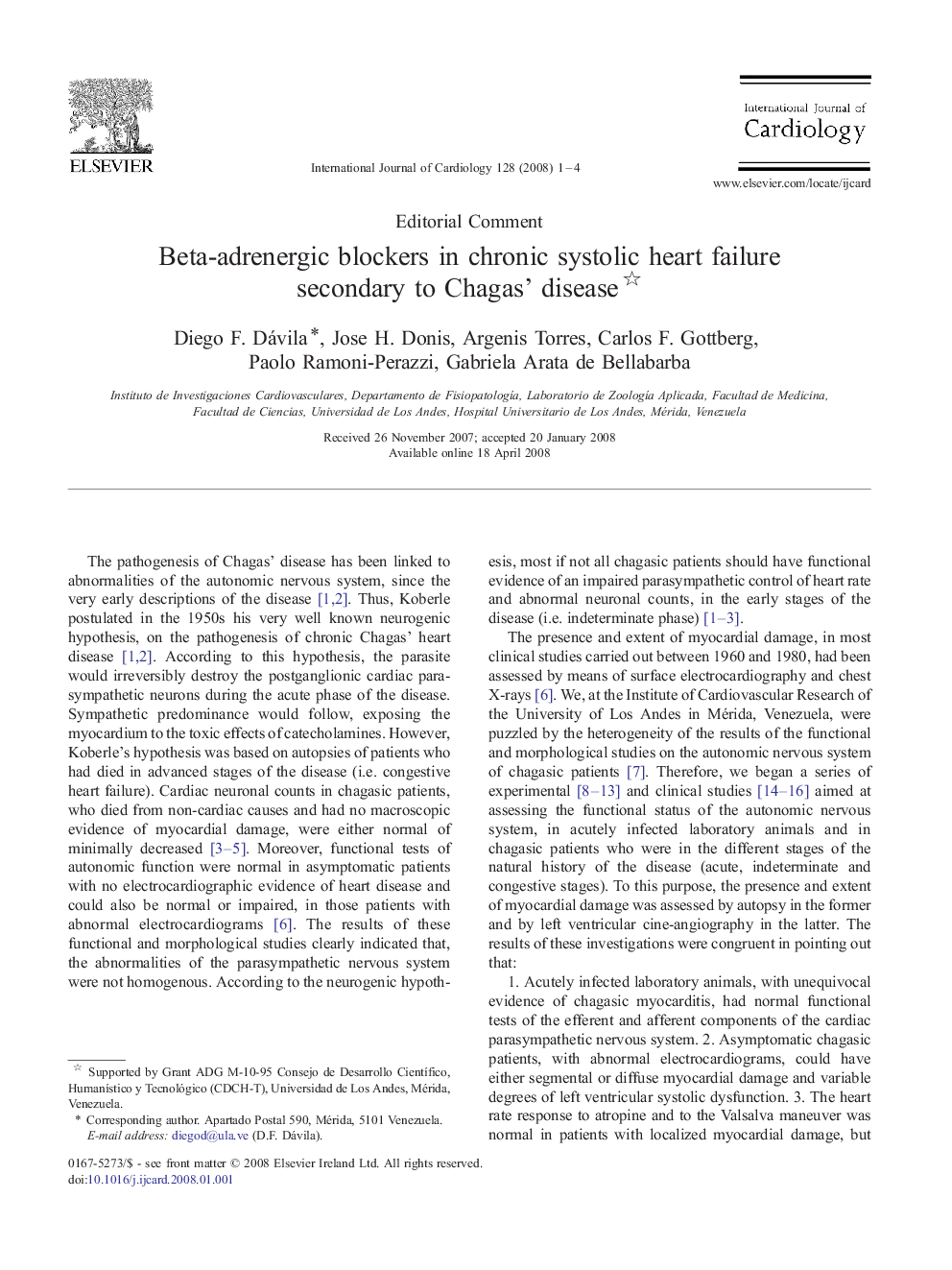 Beta-adrenergic blockers in chronic systolic heart failure secondary to Chagas' disease