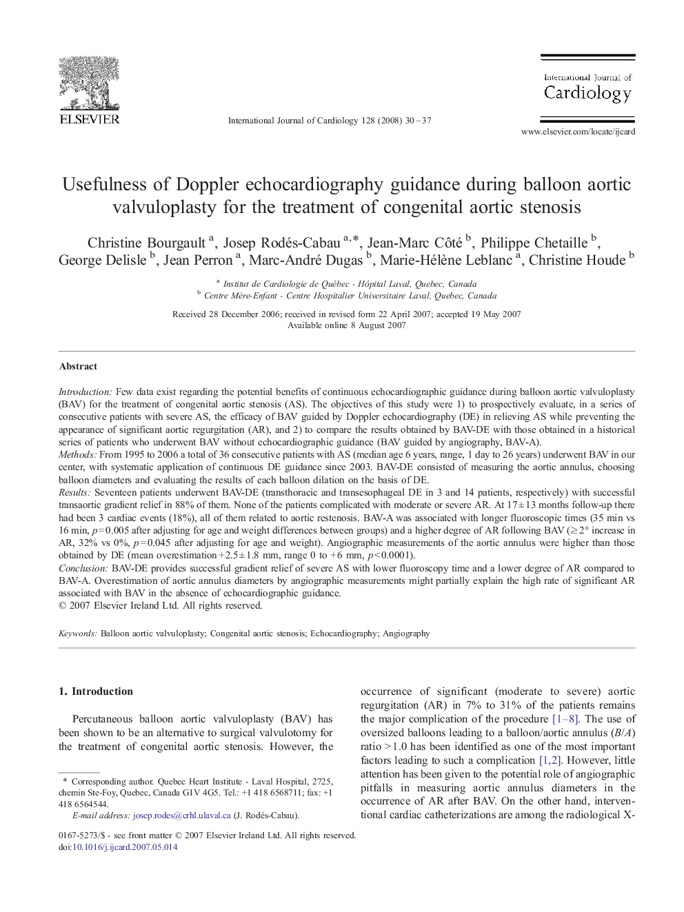 Usefulness of Doppler echocardiography guidance during balloon aortic valvuloplasty for the treatment of congenital aortic stenosis