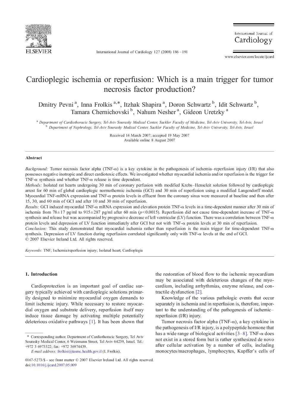 Cardioplegic ischemia or reperfusion: Which is a main trigger for tumor necrosis factor production?