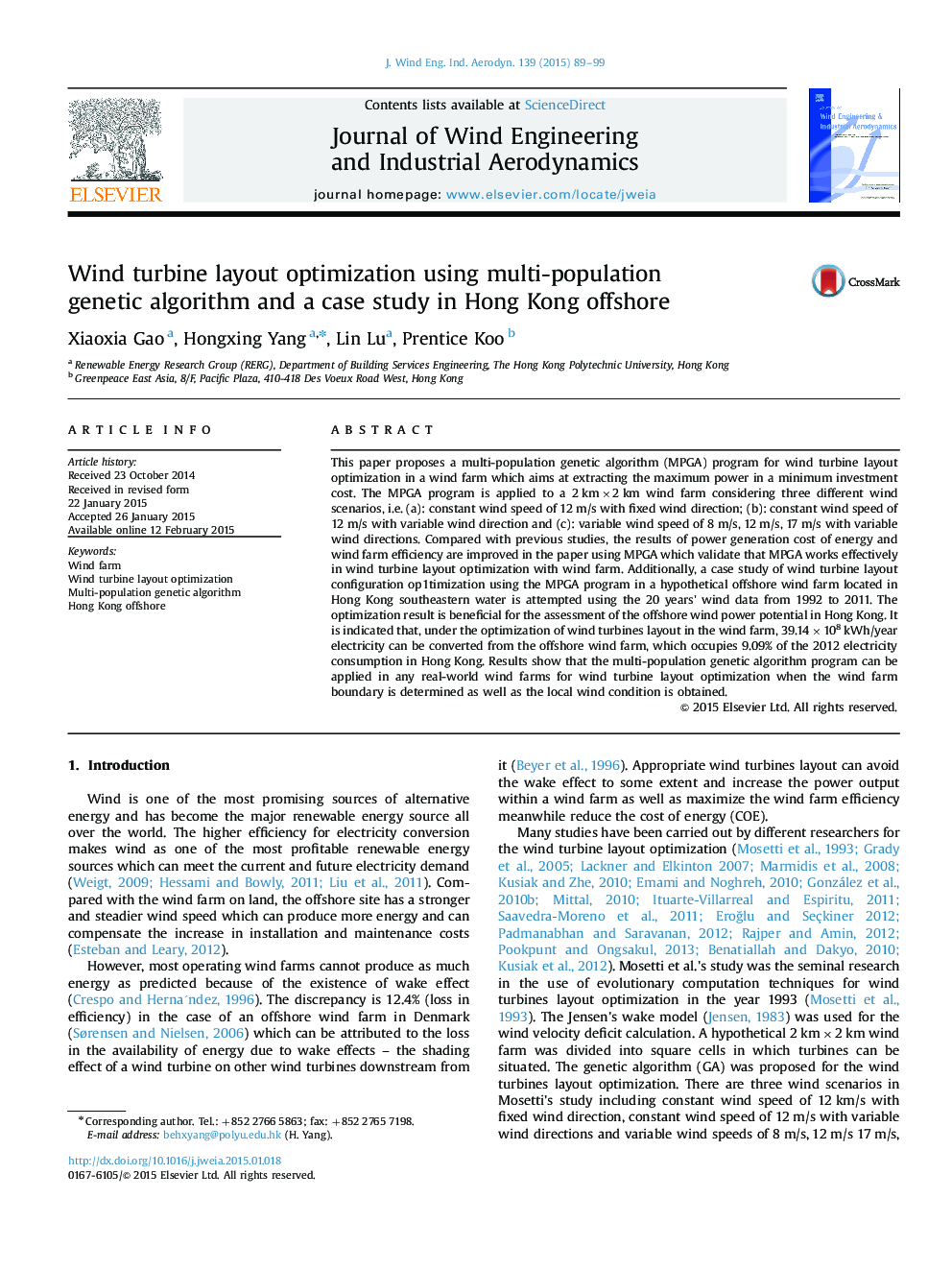 Wind turbine layout optimization using multi-population genetic algorithm and a case study in Hong Kong offshore