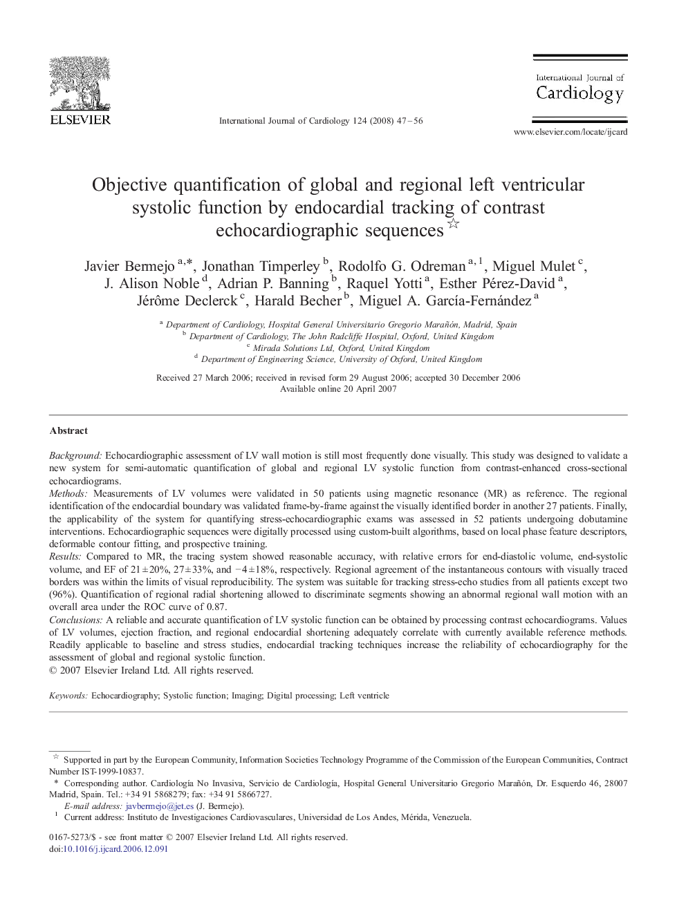 Objective quantification of global and regional left ventricular systolic function by endocardial tracking of contrast echocardiographic sequences