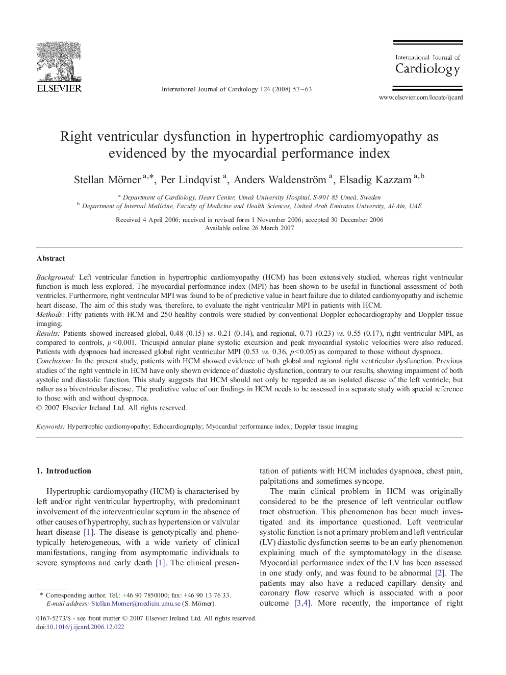 Right ventricular dysfunction in hypertrophic cardiomyopathy as evidenced by the myocardial performance index