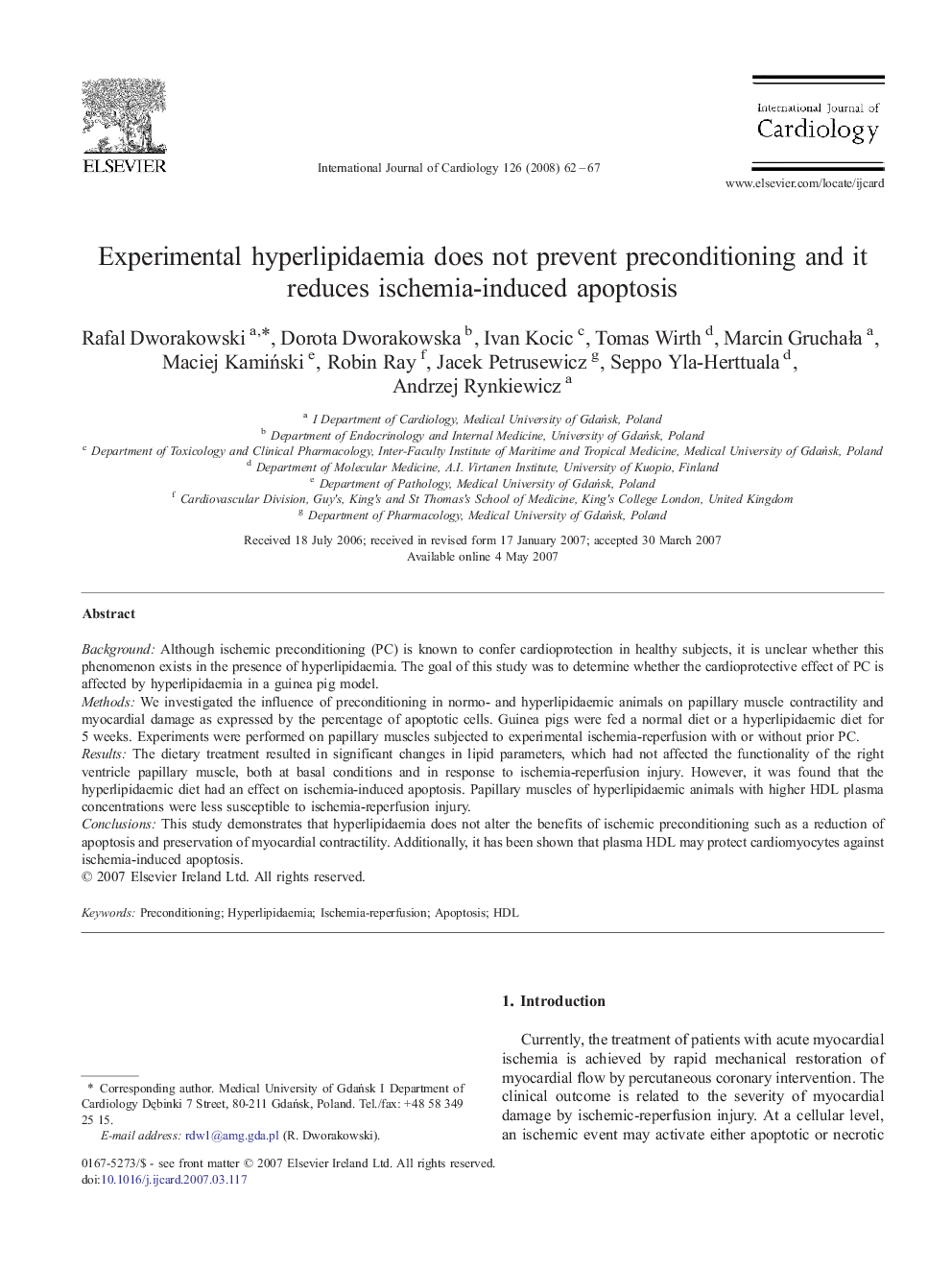 Experimental hyperlipidaemia does not prevent preconditioning and it reduces ischemia-induced apoptosis