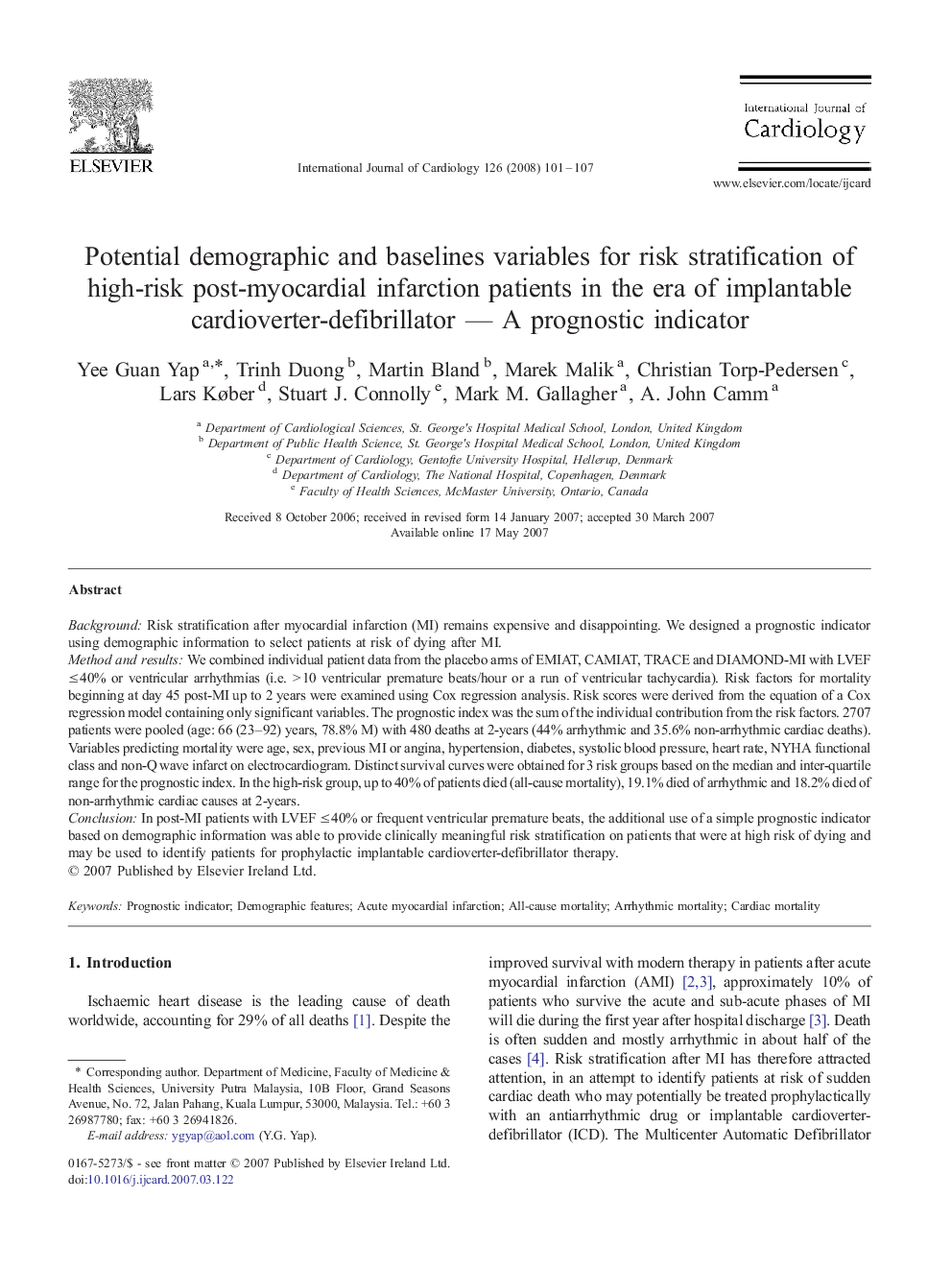 Potential demographic and baselines variables for risk stratification of high-risk post-myocardial infarction patients in the era of implantable cardioverter-defibrillator — A prognostic indicator