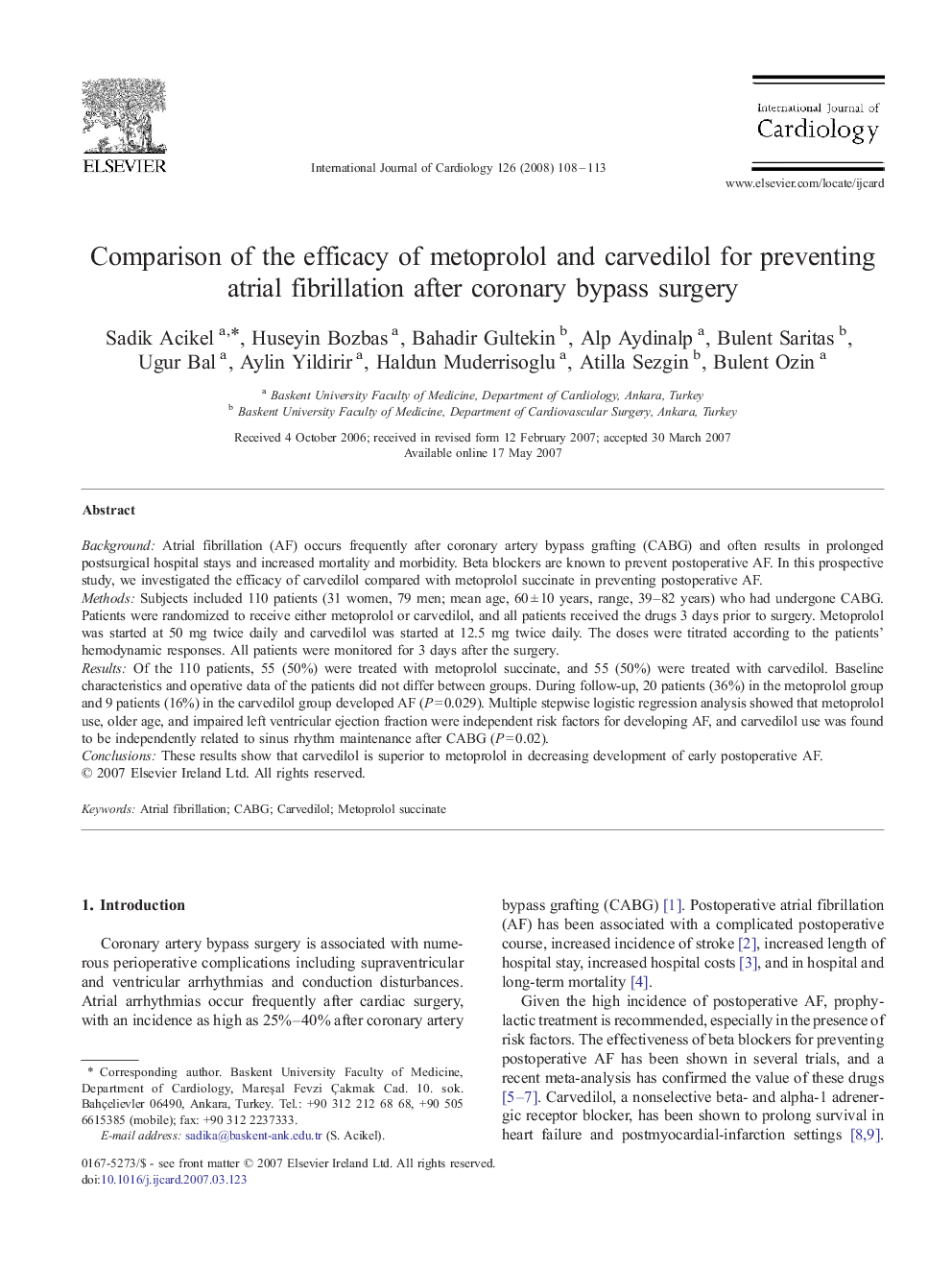 Comparison of the efficacy of metoprolol and carvedilol for preventing atrial fibrillation after coronary bypass surgery