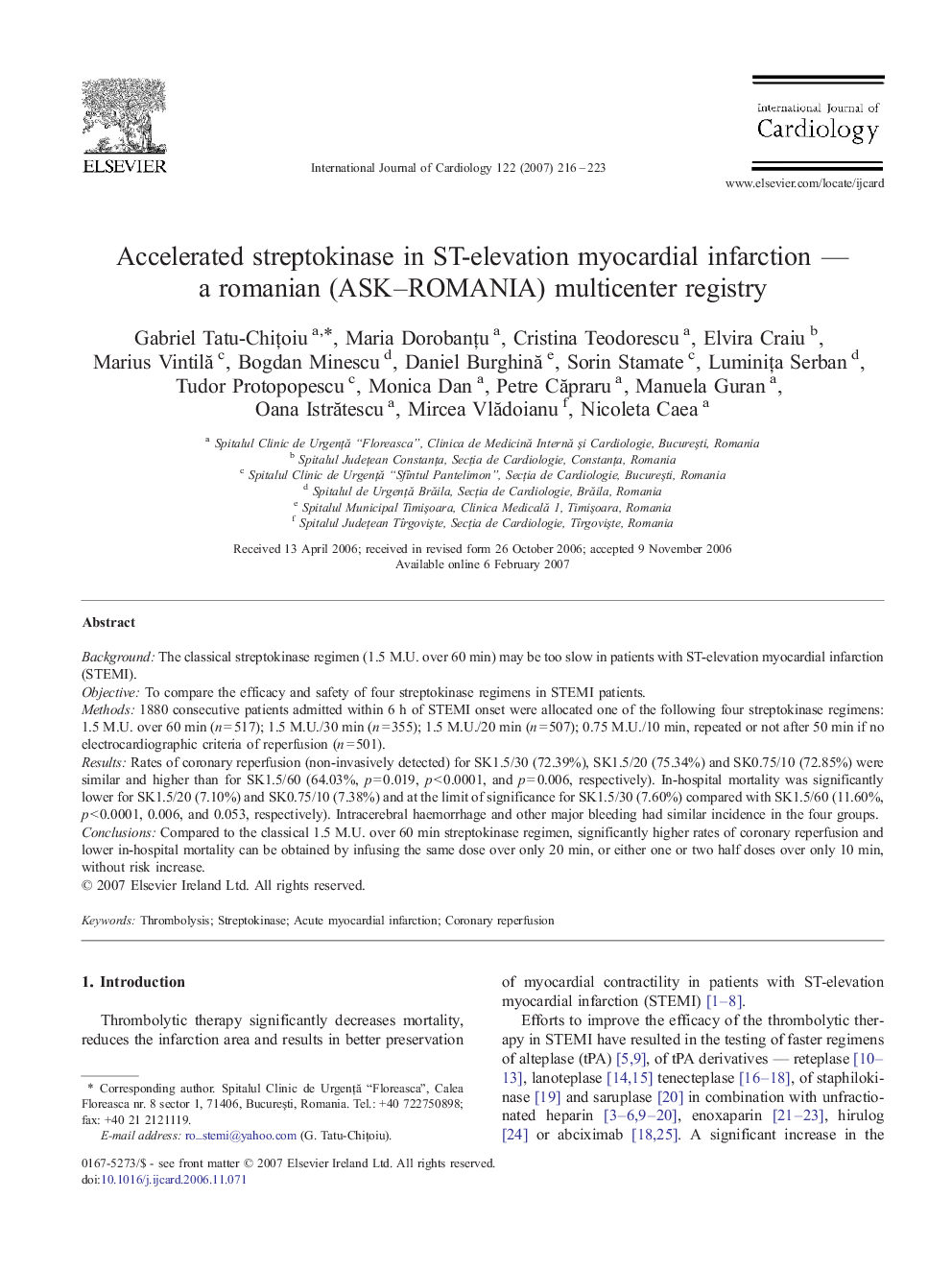 Accelerated streptokinase in ST-elevation myocardial infarction — a romanian (ASK–ROMANIA) multicenter registry