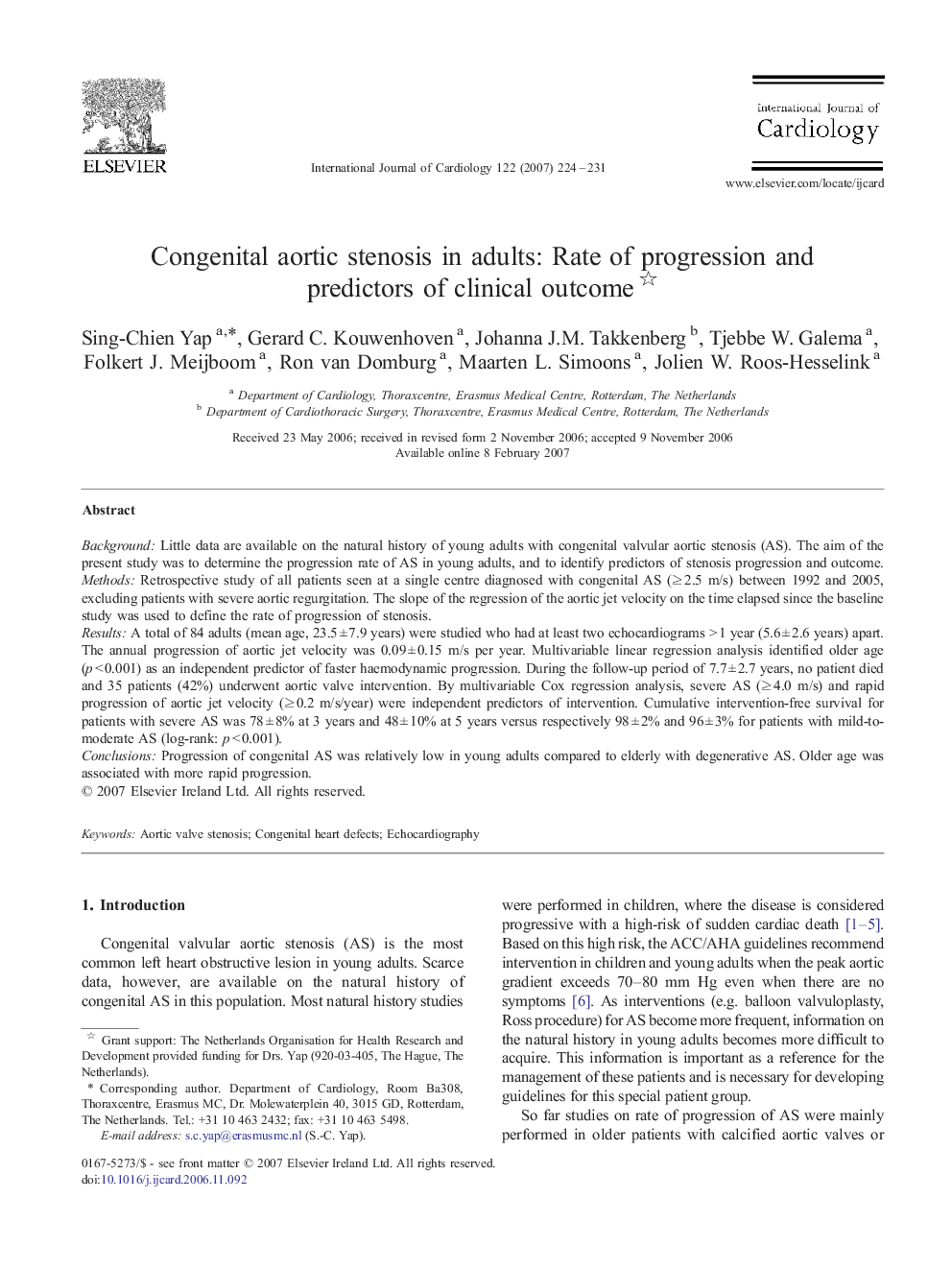 Congenital aortic stenosis in adults: Rate of progression and predictors of clinical outcome