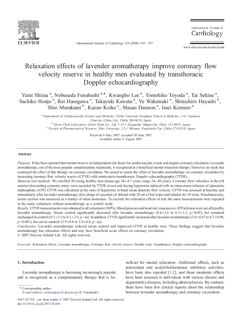 Relaxation effects of lavender aromatherapy improve coronary flow velocity reserve in healthy men evaluated by transthoracic Doppler echocardiography