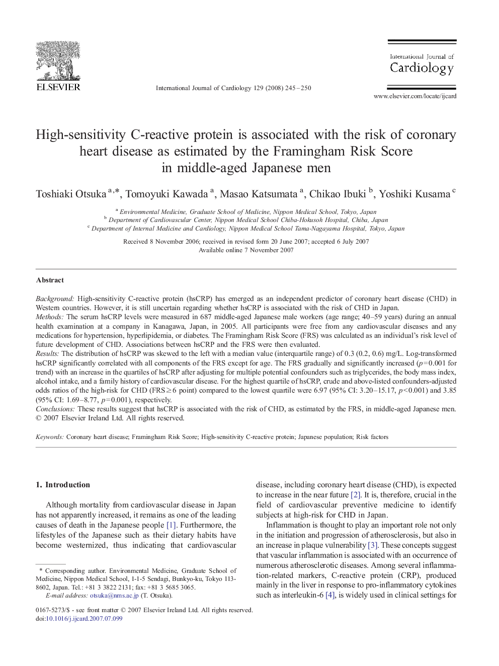 High-sensitivity C-reactive protein is associated with the risk of coronary heart disease as estimated by the Framingham Risk Score in middle-aged Japanese men