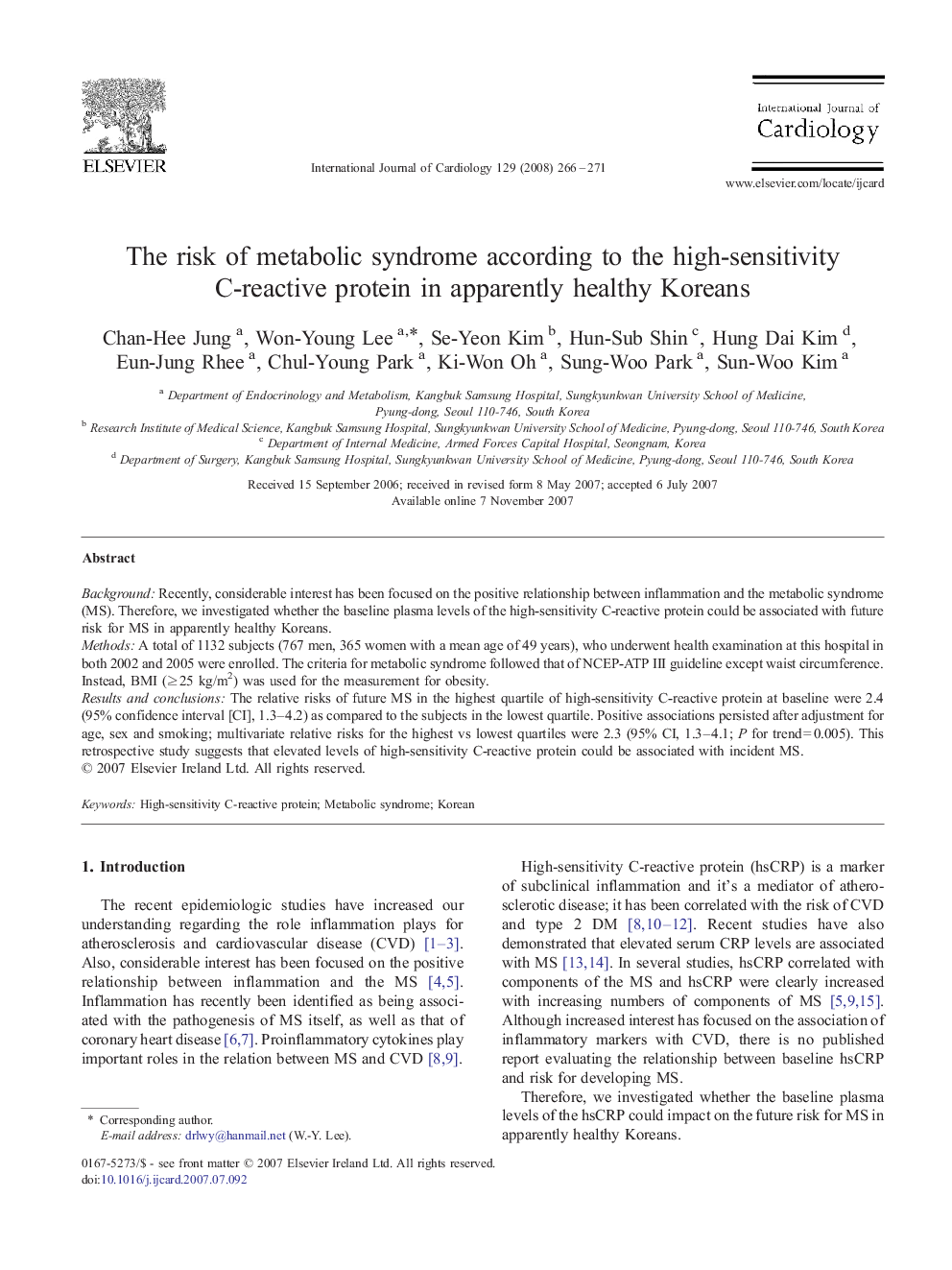 The risk of metabolic syndrome according to the high-sensitivity C-reactive protein in apparently healthy Koreans