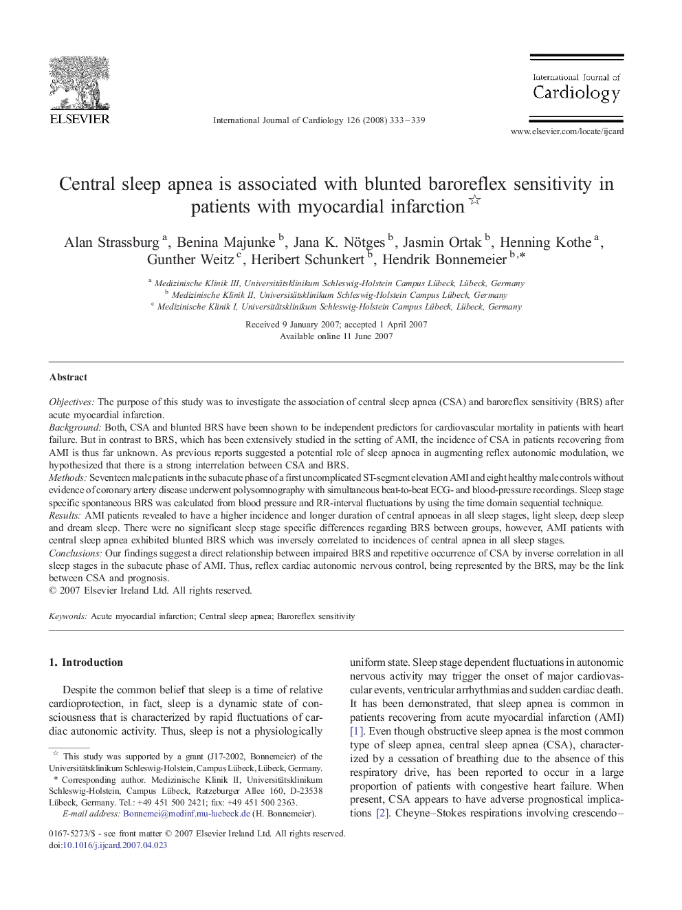 Central sleep apnea is associated with blunted baroreflex sensitivity in patients with myocardial infarction 