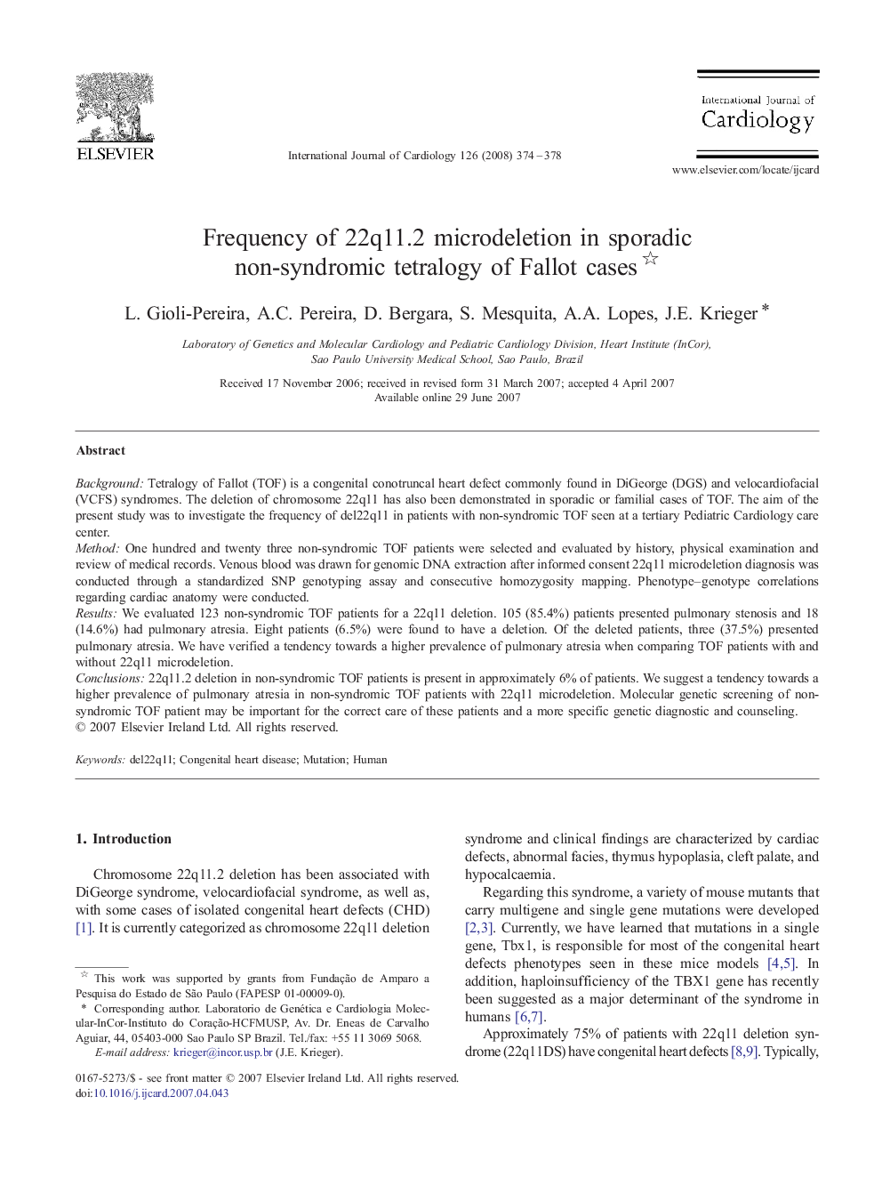Frequency of 22q11.2 microdeletion in sporadic non-syndromic tetralogy of Fallot cases
