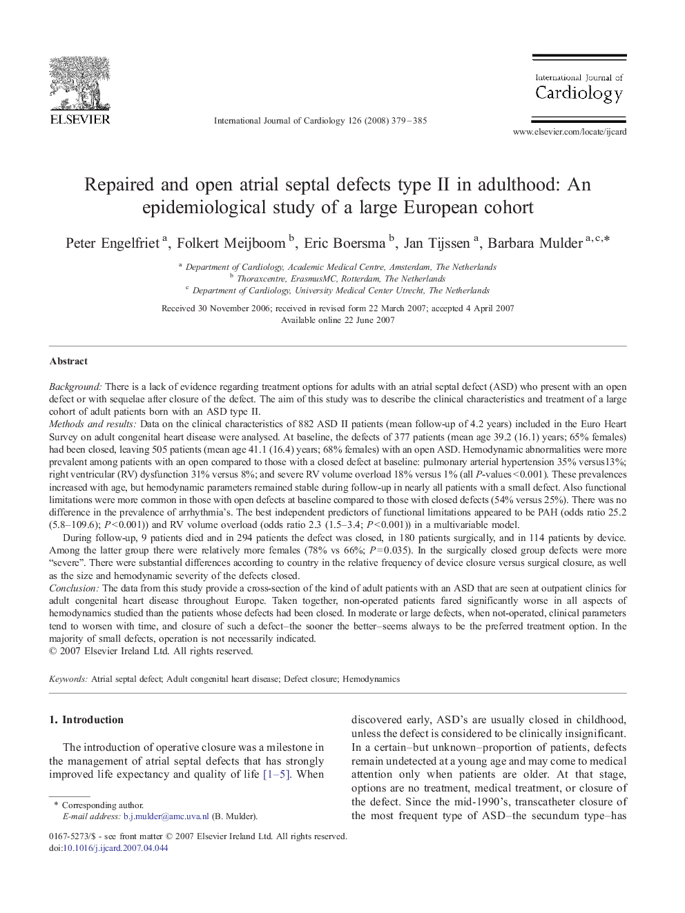 Repaired and open atrial septal defects type II in adulthood: An epidemiological study of a large European cohort