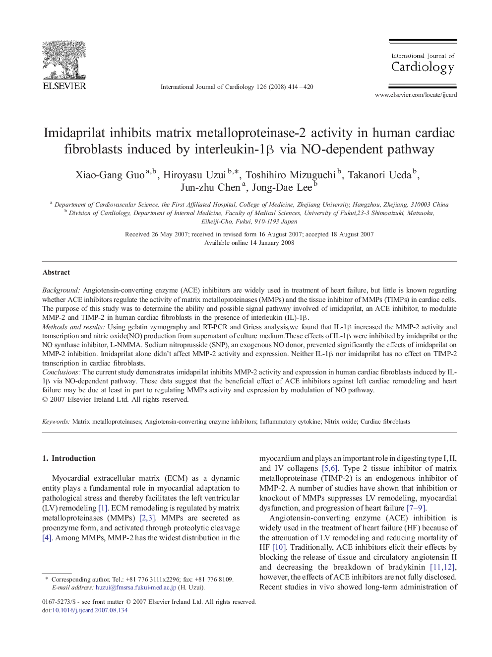 Imidaprilat inhibits matrix metalloproteinase-2 activity in human cardiac fibroblasts induced by interleukin-1β via NO-dependent pathway